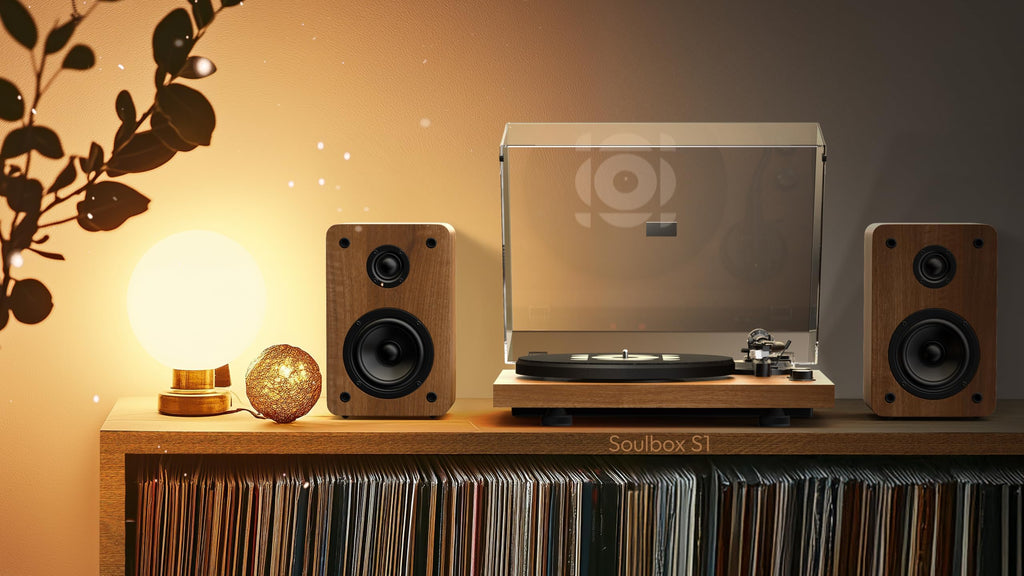QLEARSOUL SoulBox S1 Vinyl Record Player with Stereo Speakers, Turntable with Built-in Preamp, S-Shaped Tonearm, 33/45 RPM - Black