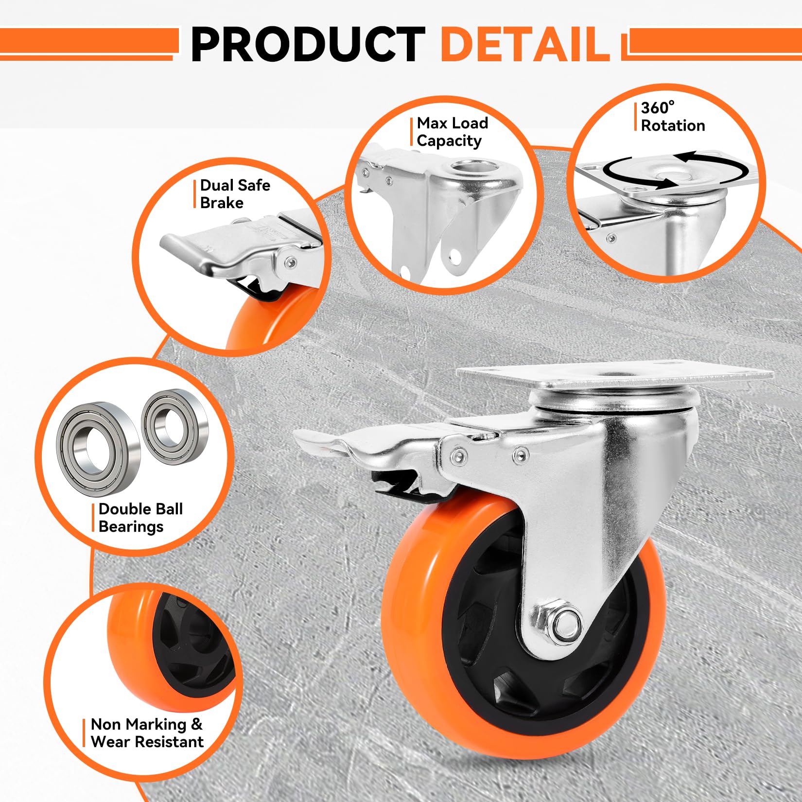 W B D WEIBIDA 2" Plate Caster Wheels Heavy Duty 600 Lbs Load Capacity Swivel Casters with Brake Set of 4, Safety Dual Locking, No Noise Wheels for Furniture, Carts (Screws and Screwdriver)