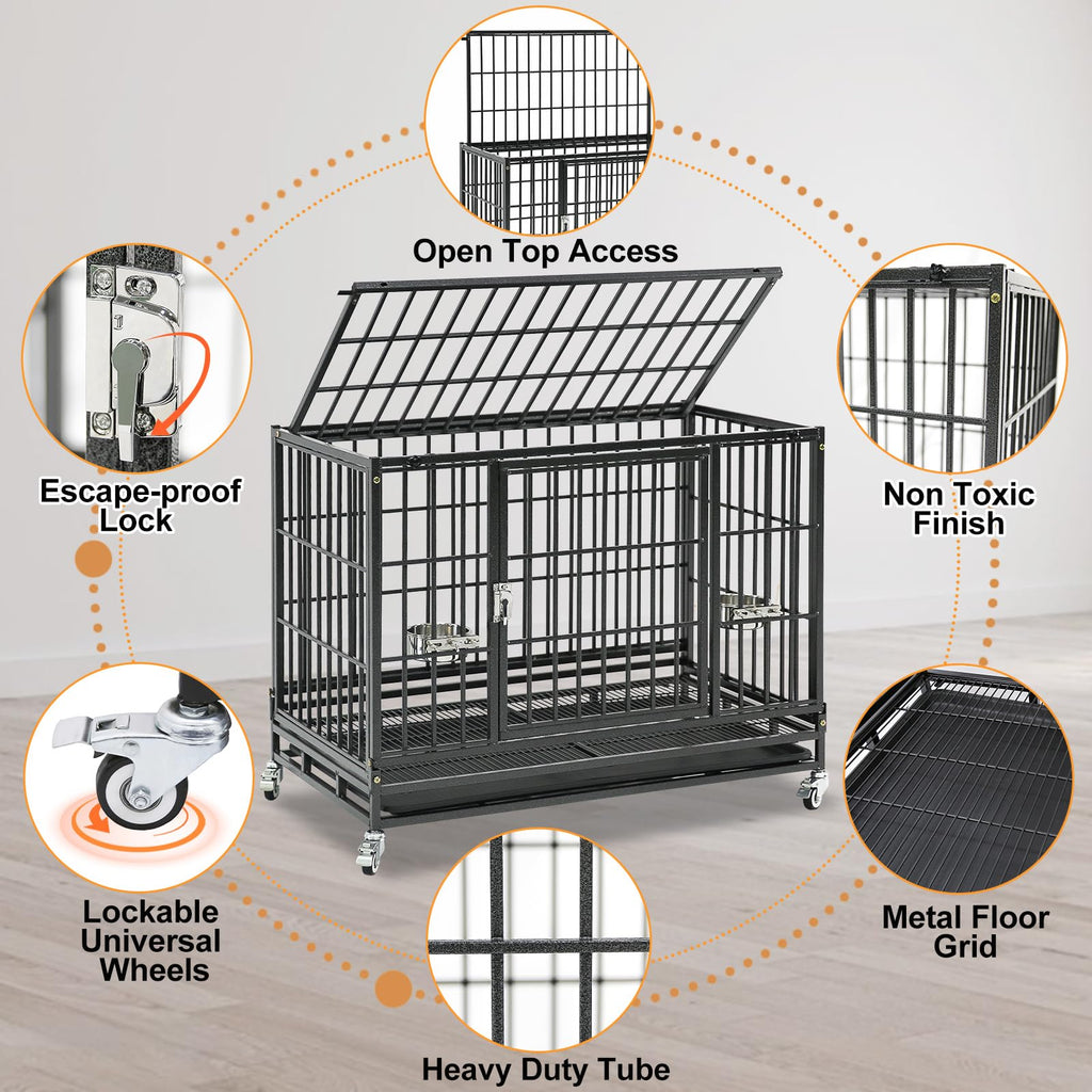 Homey Pet 37 inch Stackable Heavy Duty Dog Crate, Indestructible Escape Proof Dogs Cage Kennel with Lockable Wheels, Removable Tray & Metal Grid, Double Doors for High Anxiety Medium/Small Dogs