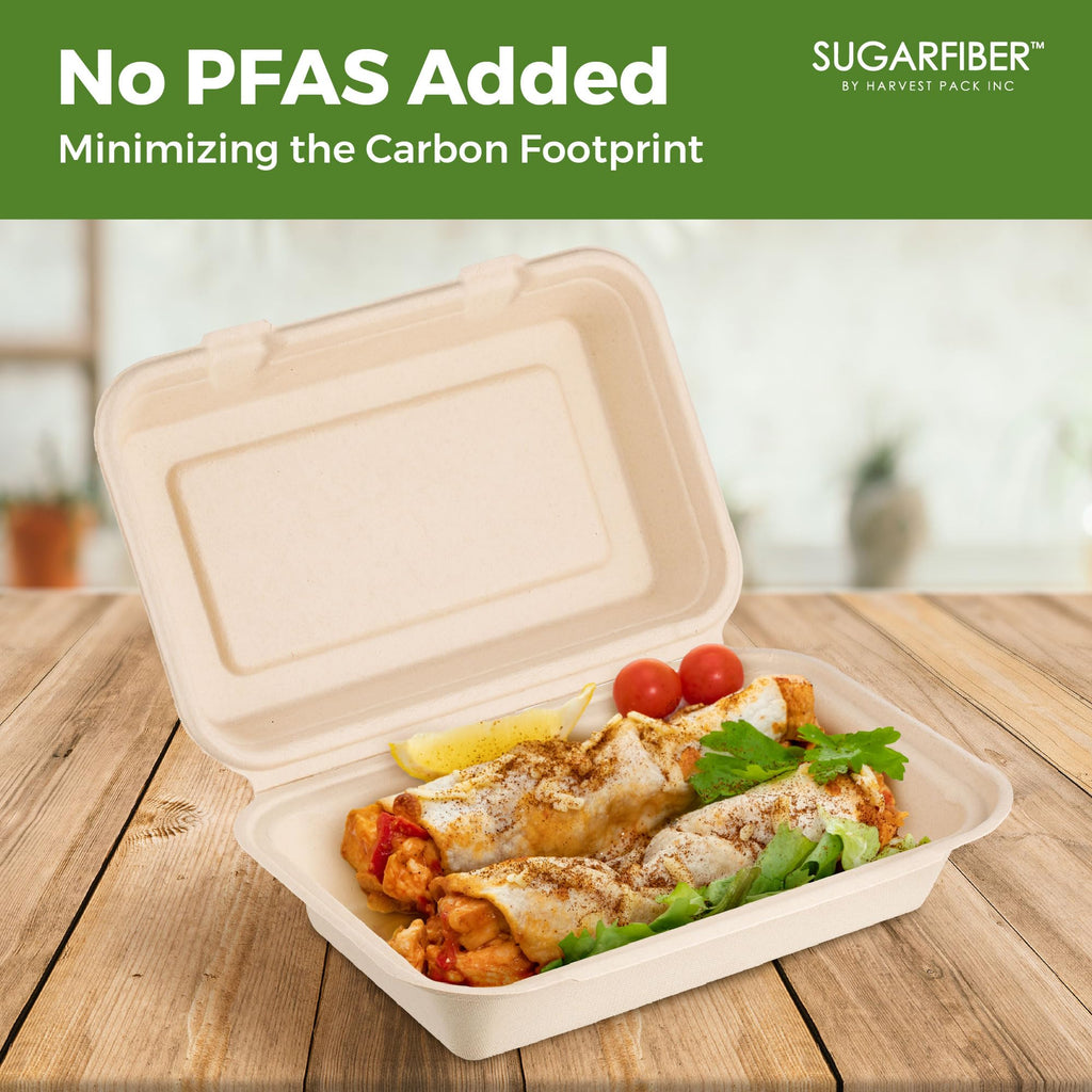 [50 COUNT]Harvest Pack 6 X 6" Compostable Clamshell Take Out Food Containers, PFAS FREE Square To go Containers with Lids, Heavy-Duty Disposable Bagasse Bento Cake Box, Eco-Friendly Sugarcane Fibers