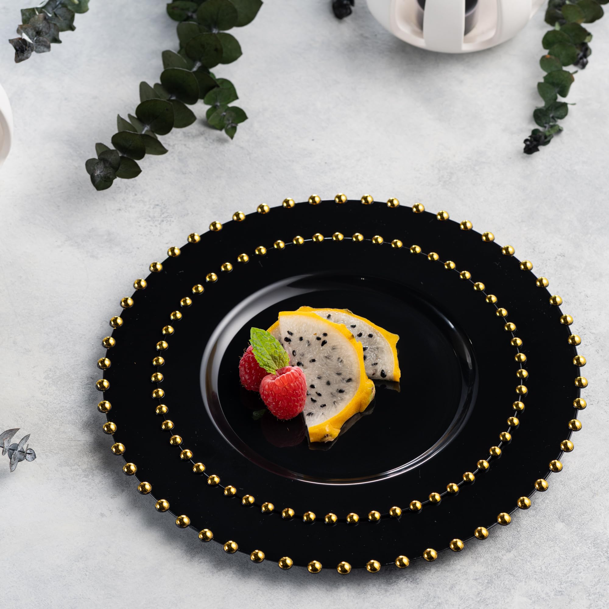 PLASTICPRO 32 Piece Combo Plastic Dinner Plates Disposable Plastic Fancy Heavy Duty Party Dishes 7 inch and 10 inch, Black and Gold Beaded