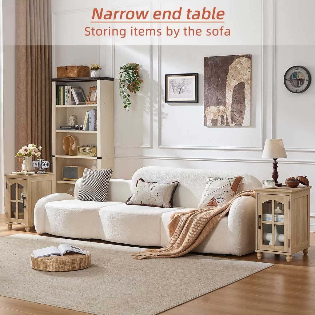 Narrow Side Table,Farmhouse Nightstand with Charging Station,Wood End Table with Glass Barn Door Storage, Cabinet Organizer with Adjustable Shelf, Night Stand for Small Spaces for Living Room Bedroom