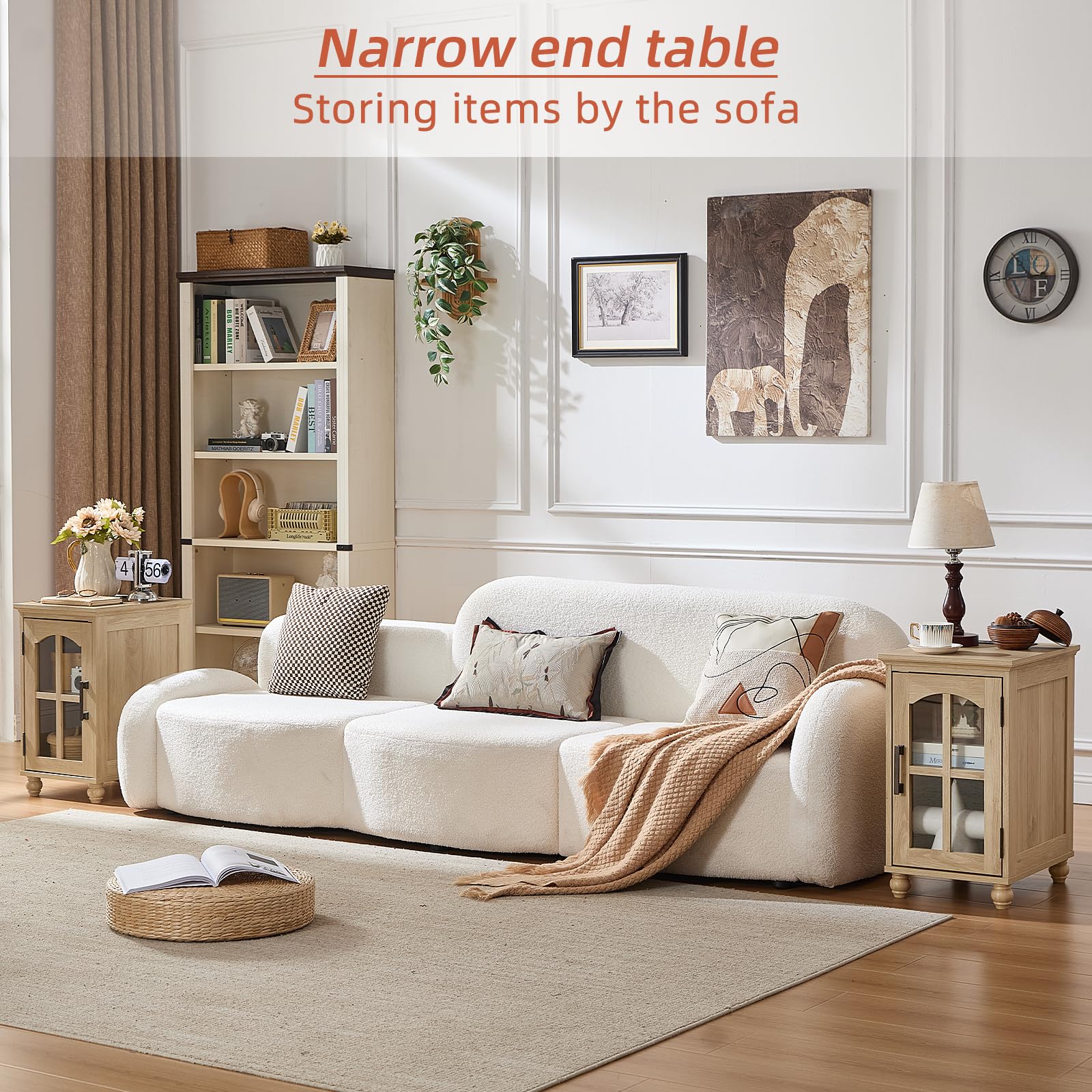 Narrow Side Table,Farmhouse Nightstand with Charging Station,Wood End Table with Glass Barn Door Storage, Cabinet Organizer with Adjustable Shelf, Night Stand for Small Spaces for Living Room Bedroom