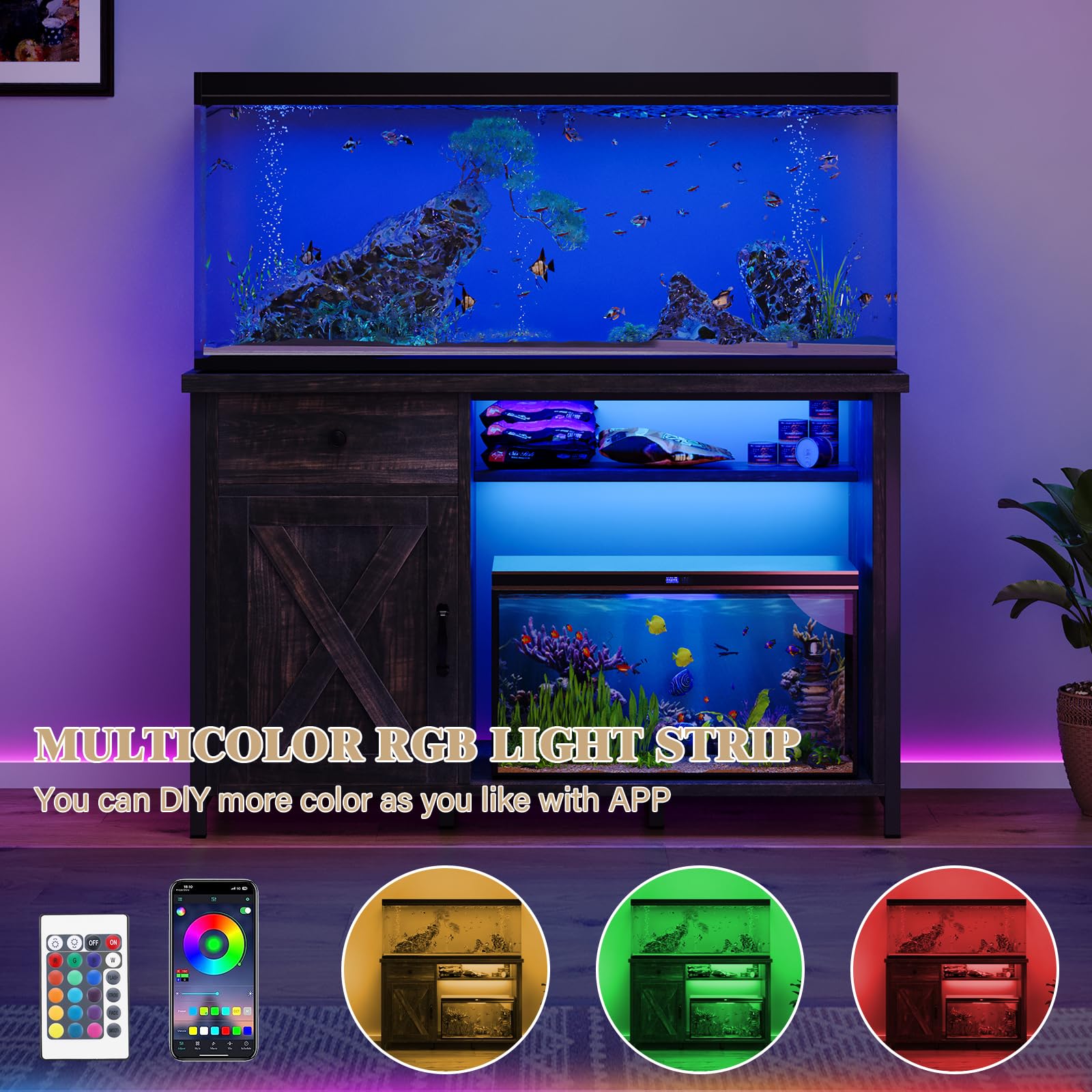 4ever2buy 55-75 Gallon Fish Tank Stand with Power Outlets, LED Light, Heavy Duty Aquarium Stand with Cabinet for Fish Tank Accessories Storage, for Turtle Tank, Reptile Terrarium, 1100LBS, Black