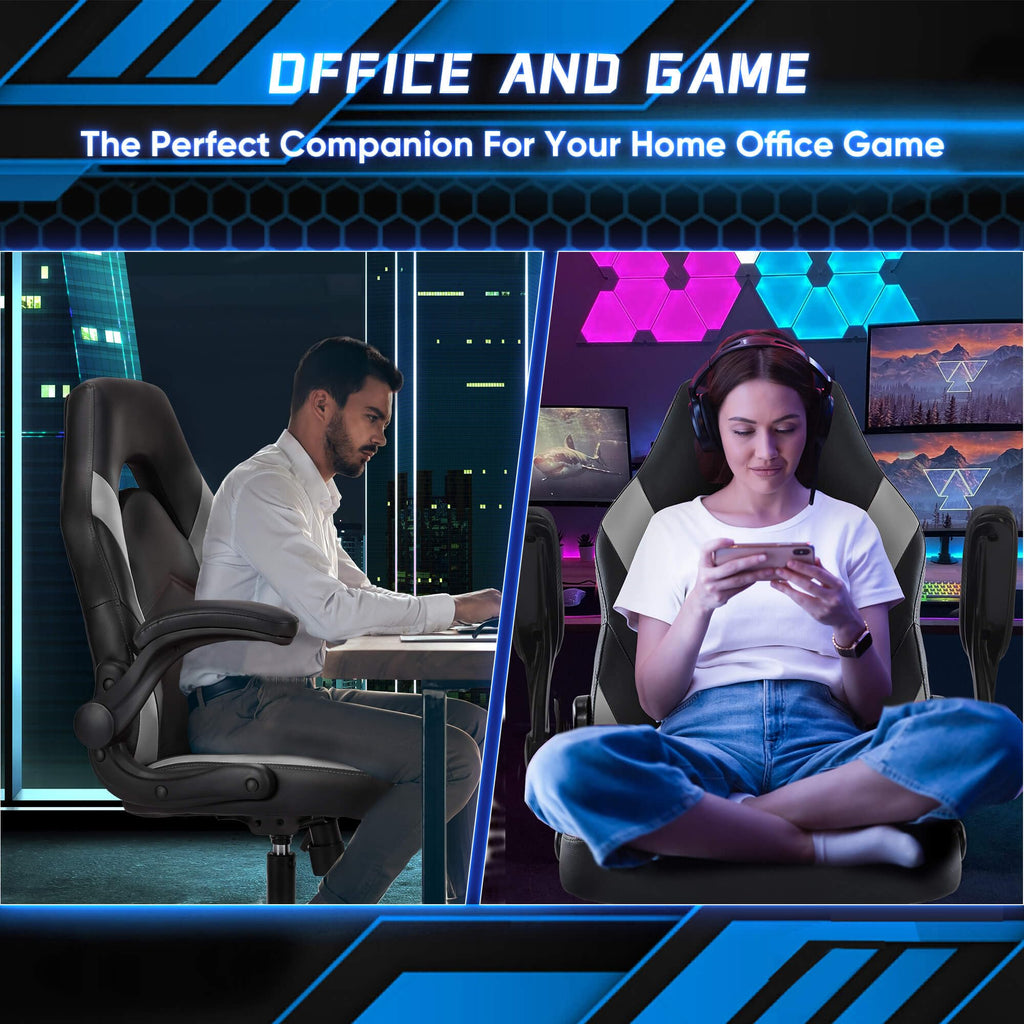 OLIXIS Computer Gaming Desk Chair - Ergonomic Video Game with Comfy Lumbar Support and headrest, PU Leather with Flip-up Arms, Adjustable Height and Swivel Wheels, for Adults, Black