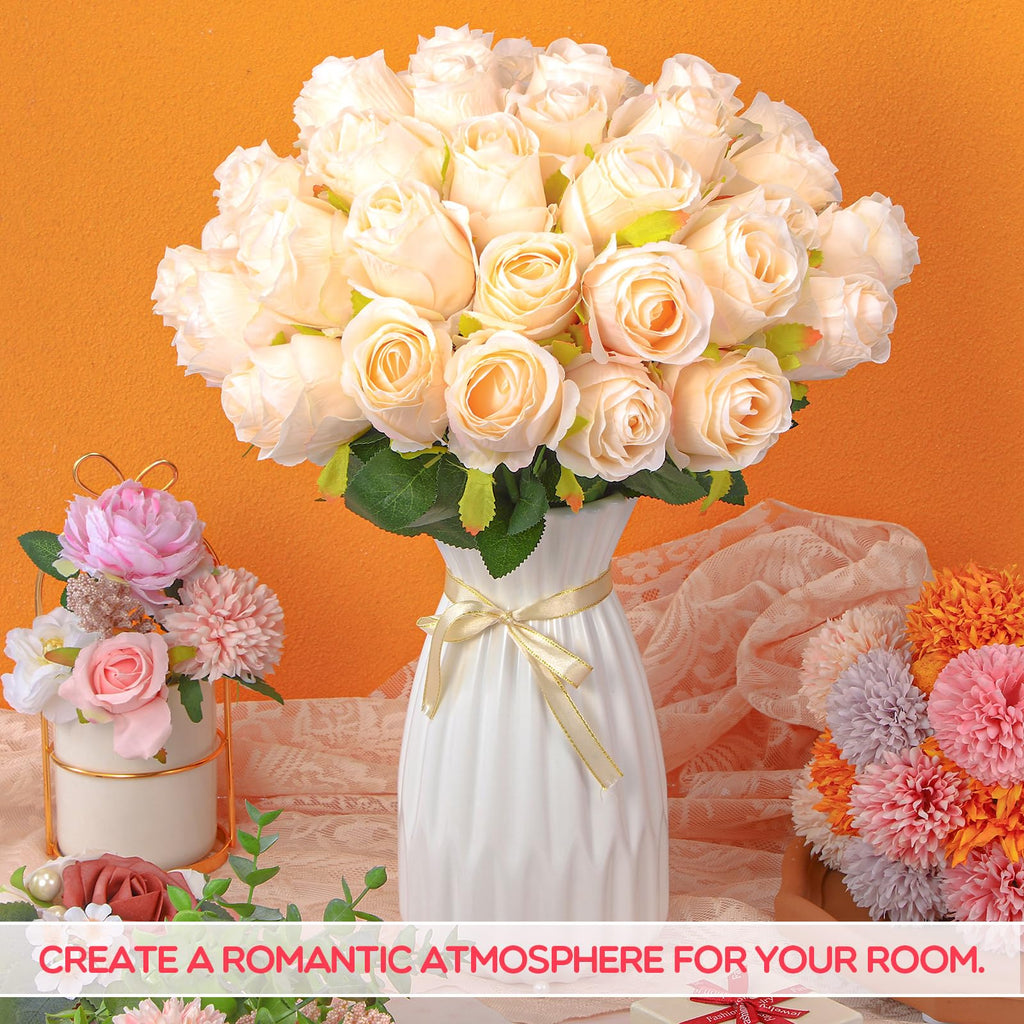 Jexine 100 Pieces Artificial Roses Flowers Bulk, Long Stem Realistic Fake Silk Roses Bouquet for Table Centerpiece Vases Wedding Party Kitchen Decor(Beige)