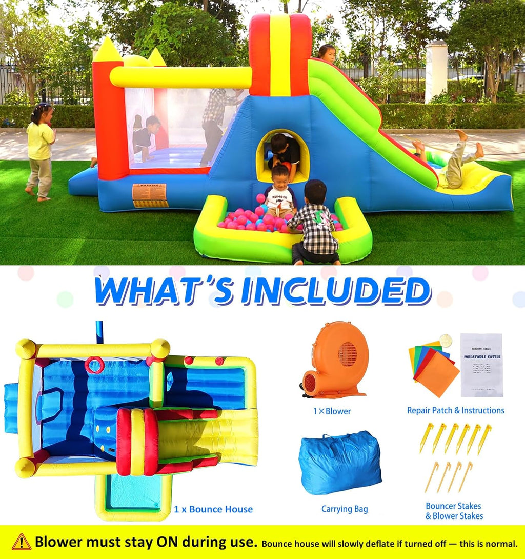 HuaKastro Large Bounce House for Big Kids – Inflatable Playground with Tall Slide, Climbing Wall, Water Pool, Bouncy Ball Pit, Tunnel, Ring Toss Cones, Perfect for Backyard Party Family Gatherings