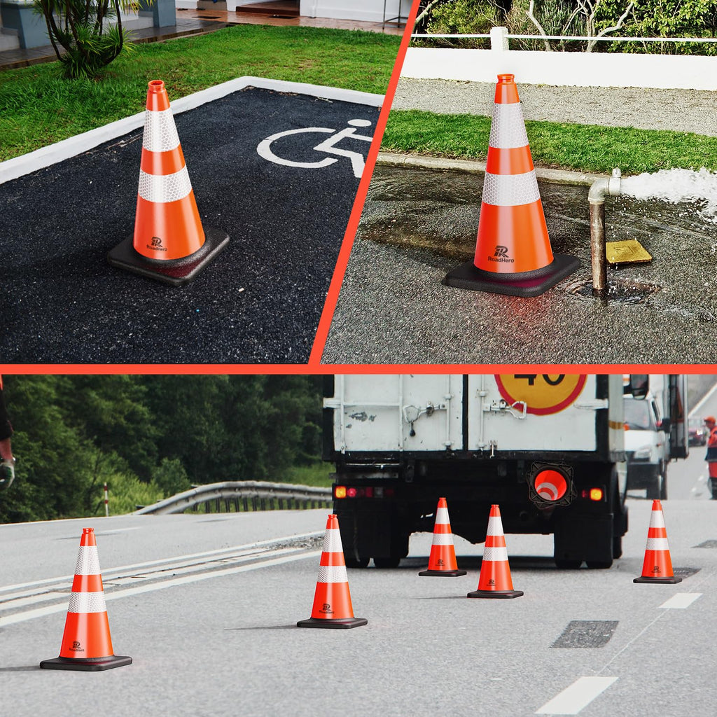RoadHero 4 Pack Traffic Safety Cones 18 Inch with Black Weighted Base, Plastic PVC Cone, Orange Cones with Reflective Collar, Cones for Parking Lot, Construction Events, Road Safety