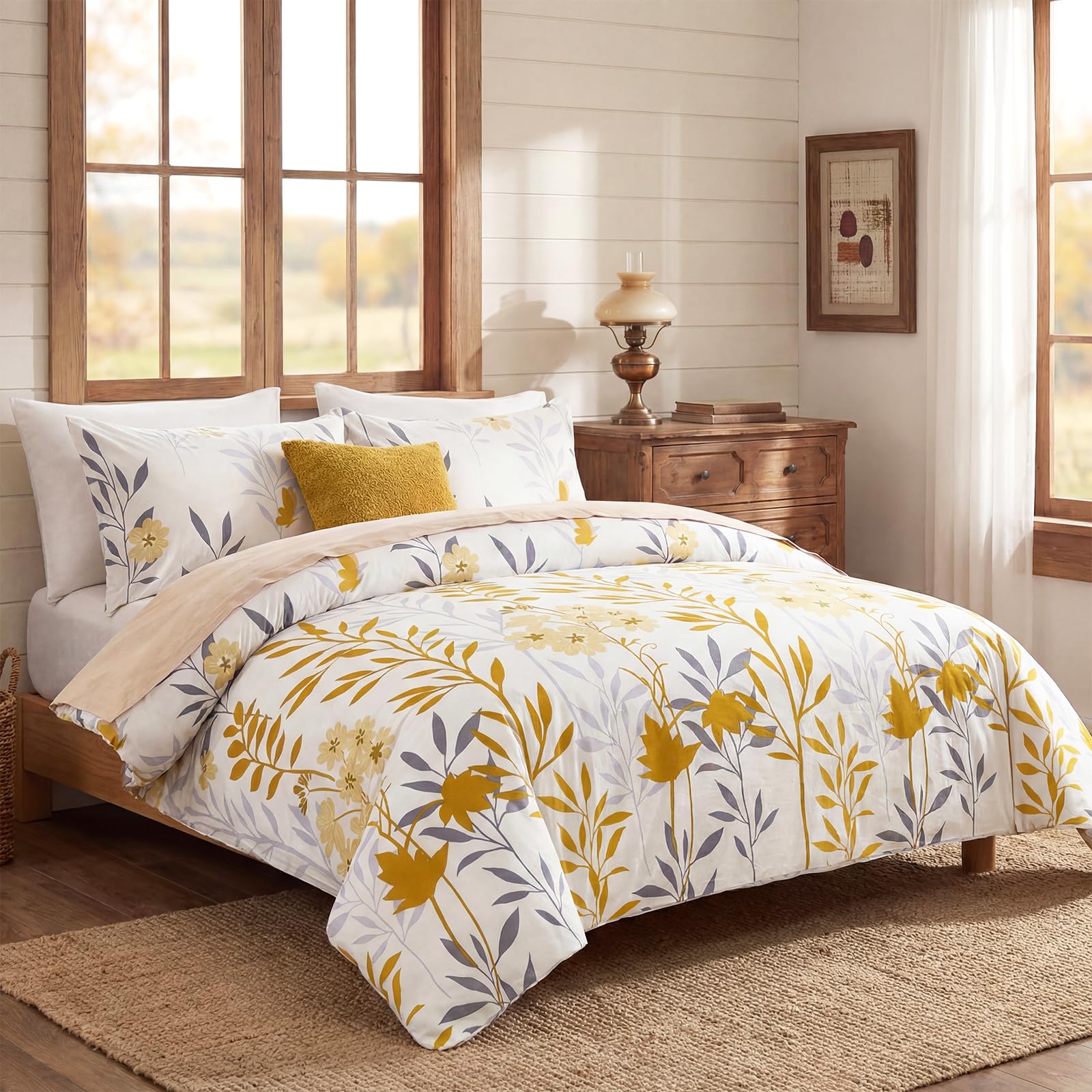 100% Natural Cotton Comforter Set Queen 3 Pcs Grayish Blue Bedding Sets with Luxurious Damask Pattern, Reversible Breathable Soft Comforter Sets for All Season