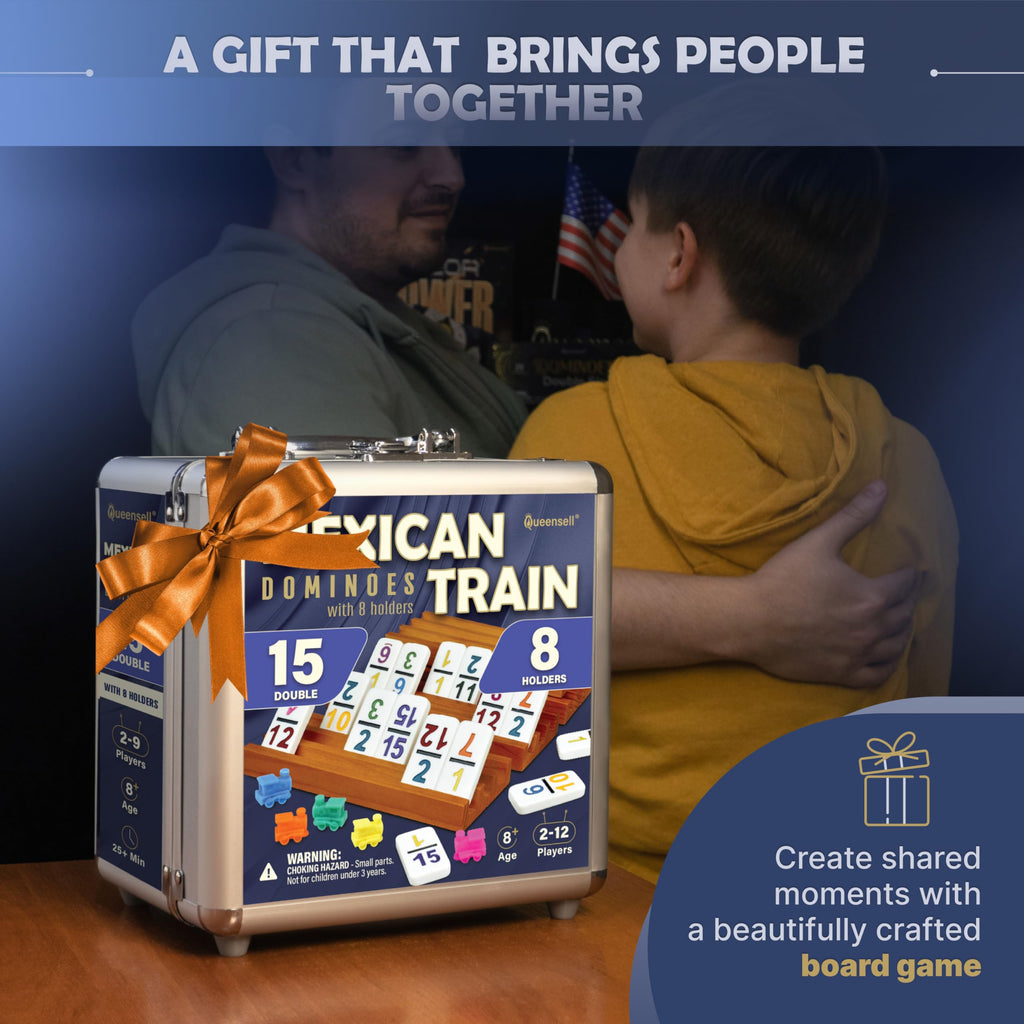 Queensell Mexican Train Dominoes Set Double 15 for Adults and Family, Mexican Train Double 15 Dominoes Set Colored Dot - 136 Tiles, 9 Trains, Wooden Hub, Aluminum Case (Double 15)