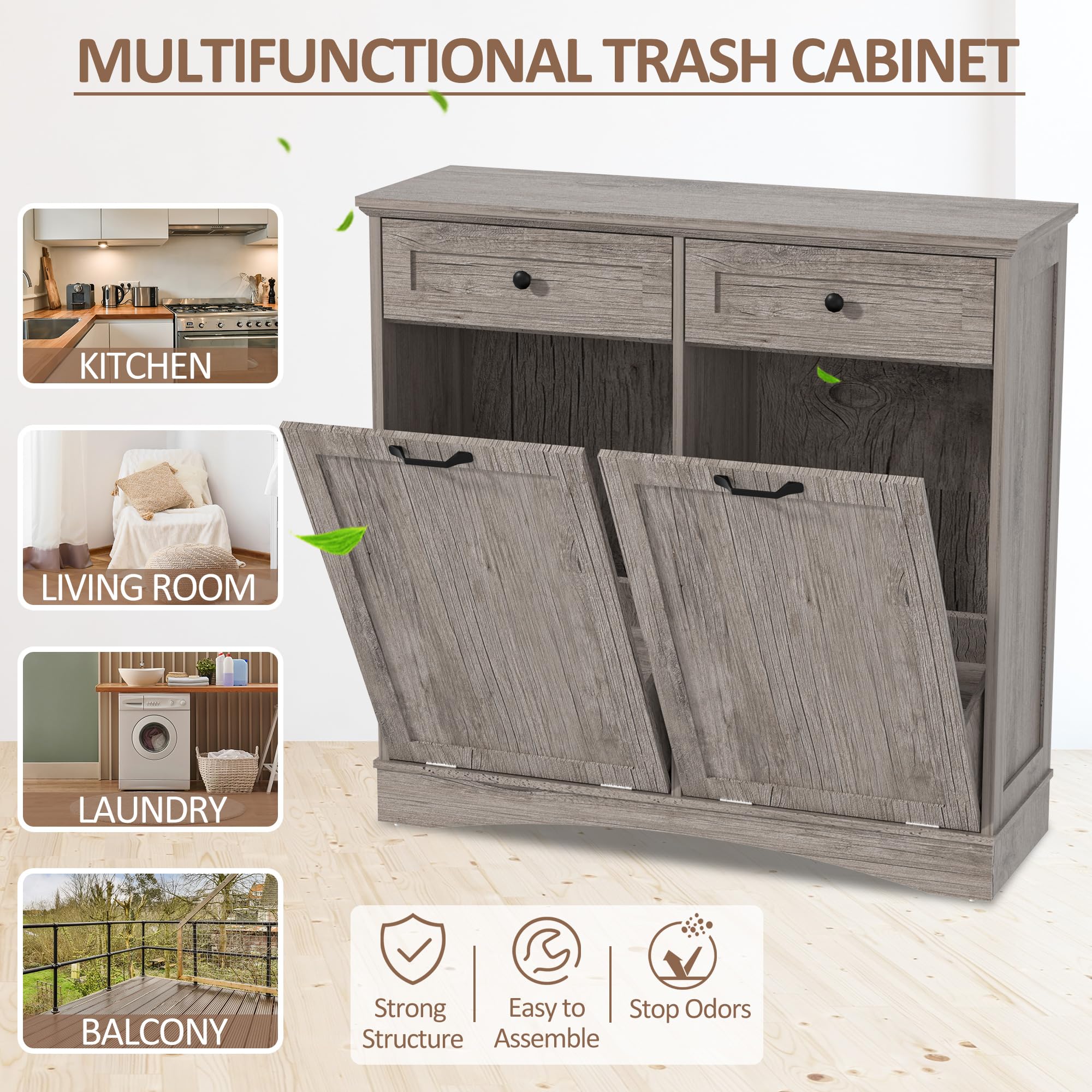 AHB Double Tilt Out Trash Can Cabinet Freestanding Kitchen Trash Can, 2x13 Gallons Hidden Garbage Recycling Cabinet with Hideaway Drawers Pet Proof Trash Can Holder for Kitchen, Antique White