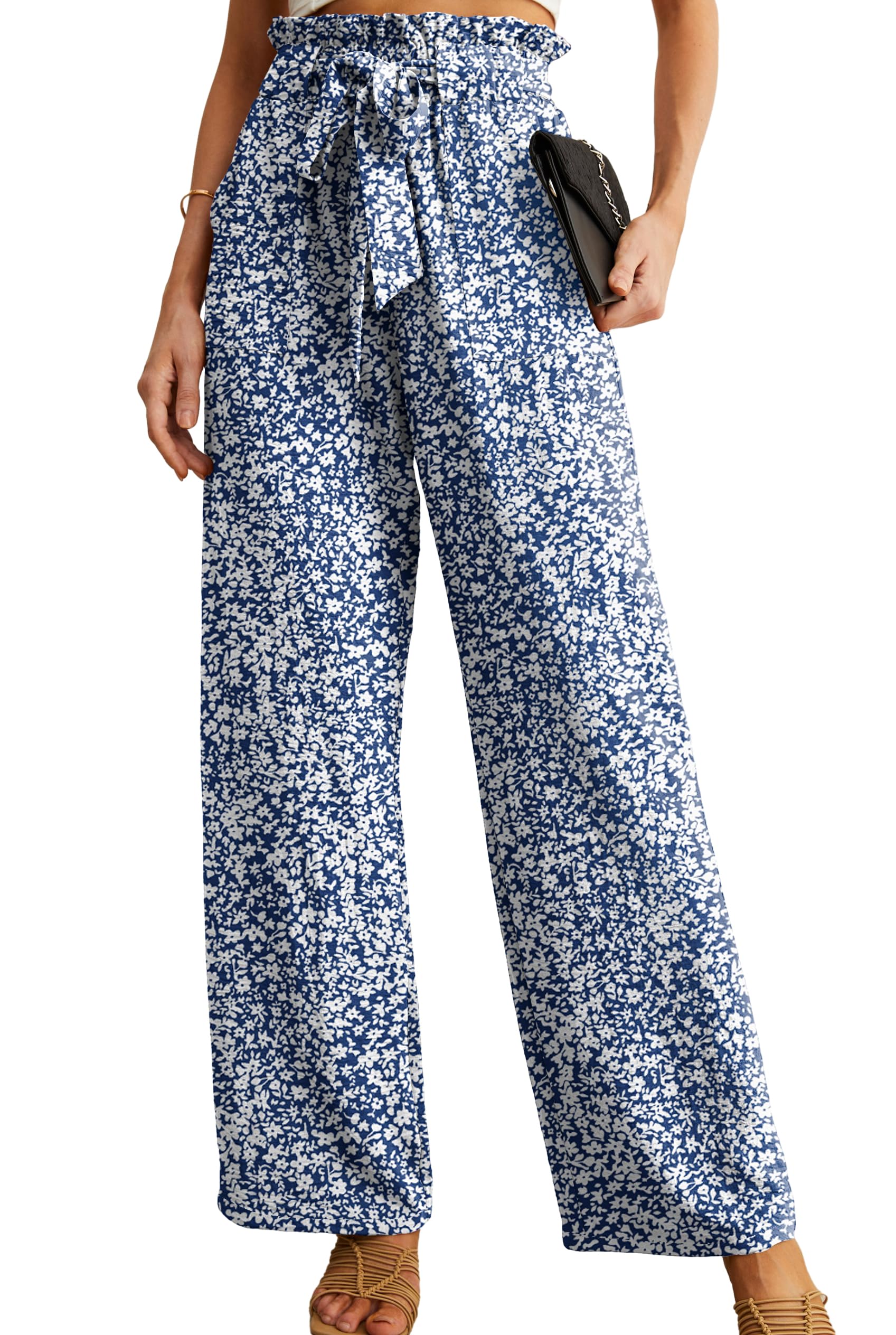 IWOLLENCE Women High Waist Palazzo Pants, Adjustable Knot Ankle Wide Leg Trousers Pockets Beach Vacation Lounge Office