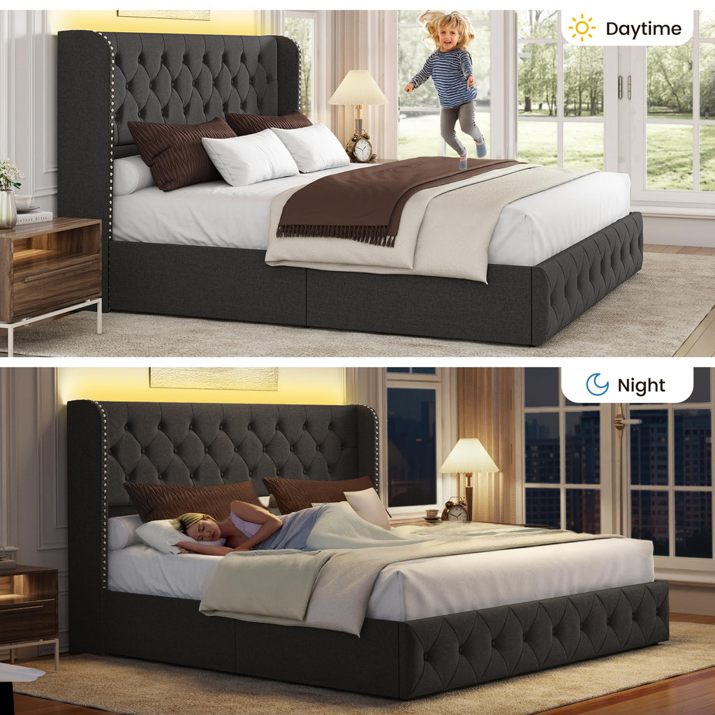 BRELTAM Full Size Bed Frame with Storage Drawers and Wingback Headboard Linen Upholstered Platform Bed Frame Tufted Beds with Heavy Duty Wood Slats, Noise Free, Easy Assembly, Beige