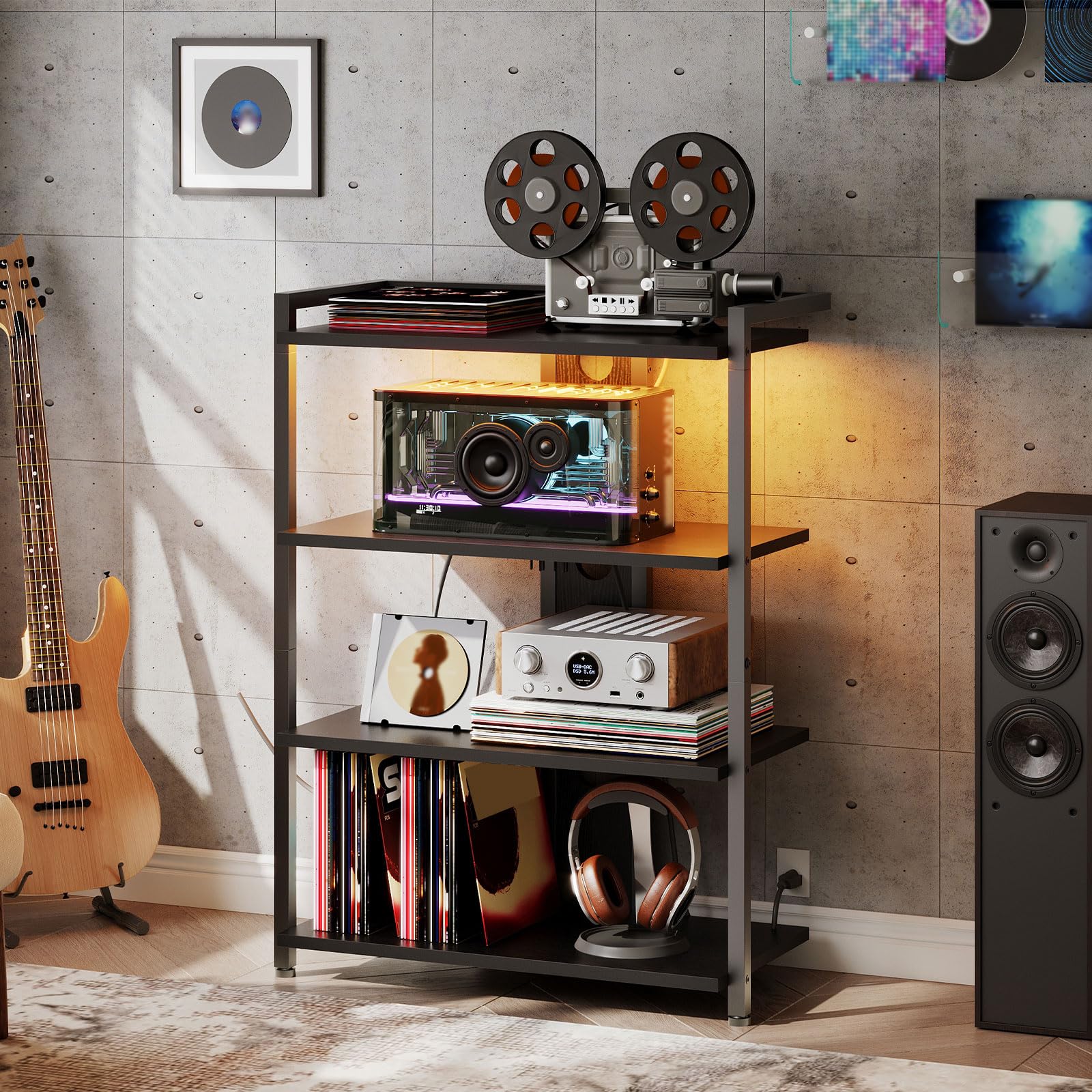 HOOBRO Game Console Shelf, 4-Tier Video Gaming Consoles Stand with Outlet & RGB Light, Audio Rack Tower for Turntable, Stereo Equipment, Wooden Entertainment Storage Stand, Black BB38UDCJ01