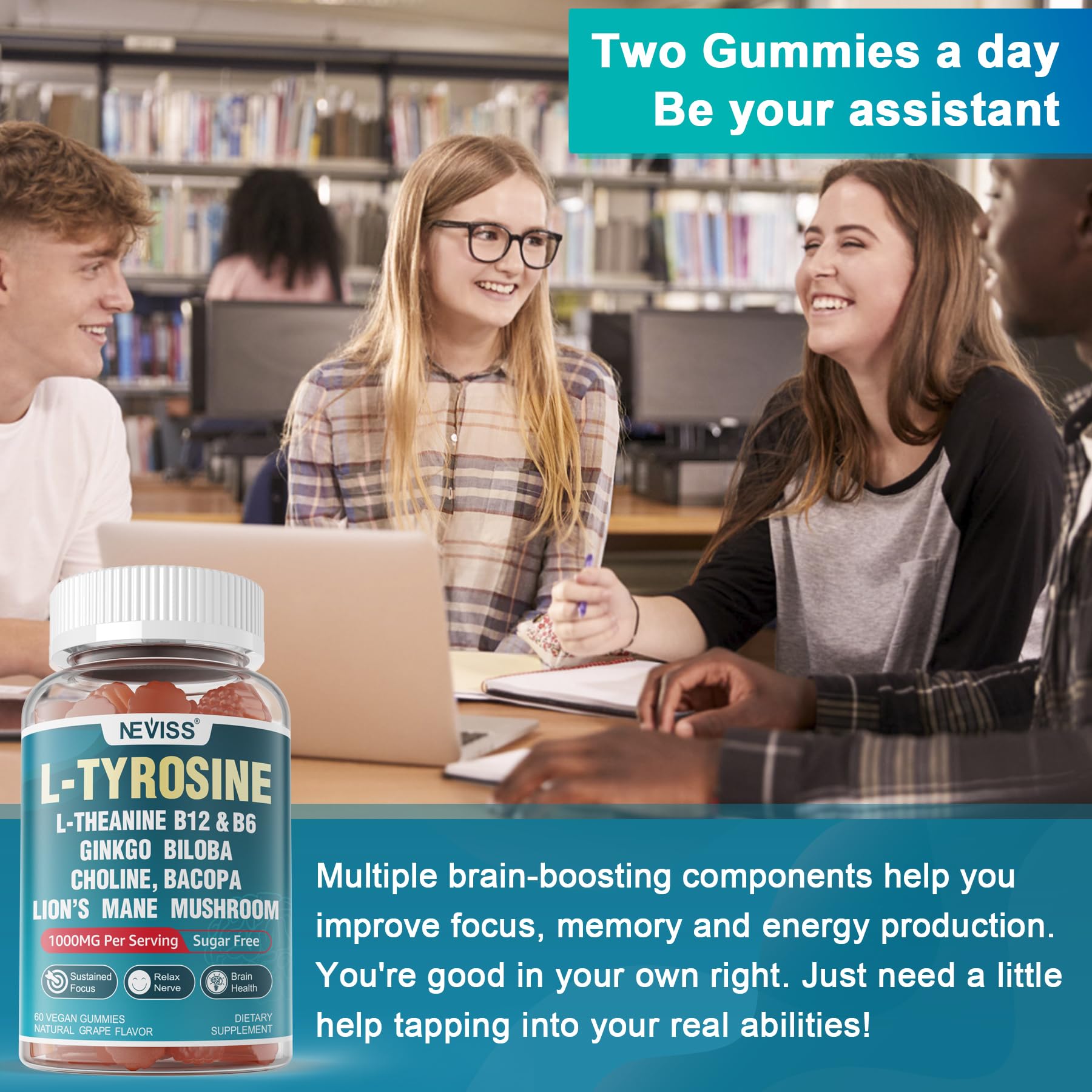 Sugar Free L-Tyrosine Gummies 300mg L-Theanine 200mg Vitamin B6 100mg & B12 500mcg, Brain Health Herbs 300mg w/Ginkgo Biloba, Rhodiola Rosea, Lion's Mane Mushroom for Sustained Focus & Energy, 1Pack