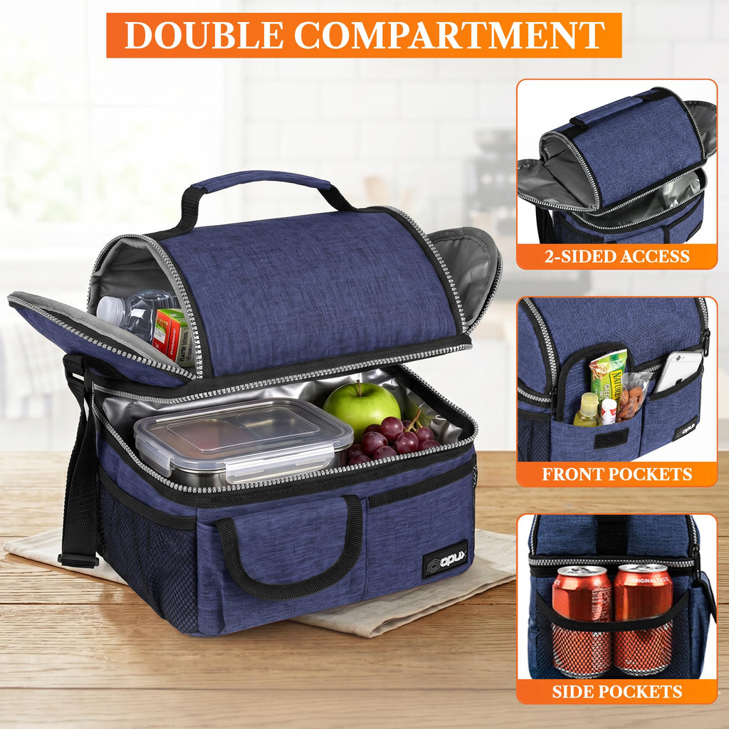 opux Insulated Lunch Bag Women Men, Dual Compartment Leakproof Lunch Box Adults Kids, Double Decker Meal Prep Bento Lunch Cooler Tote with Shoulder Strap for Work Office School Travel, Black