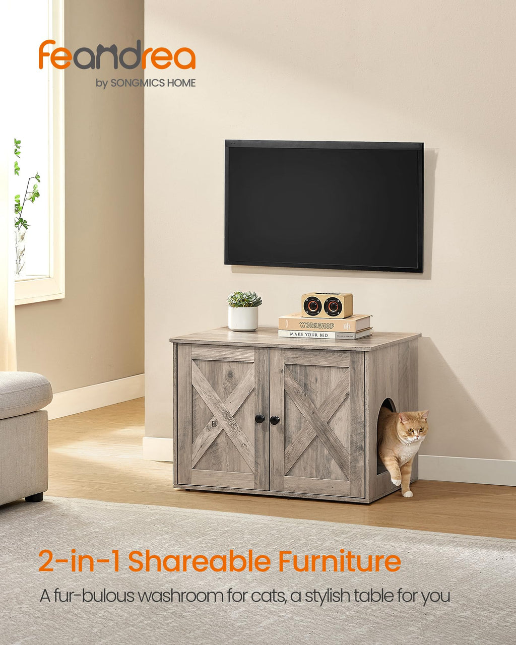 Feandrea Cat Litter Box Enclosure, Litter Box Furniture Hidden, Indoor Cat House, End Table, 27.6 x 19.7 x 19.7 Inches, Heather Greige UPCL022K01