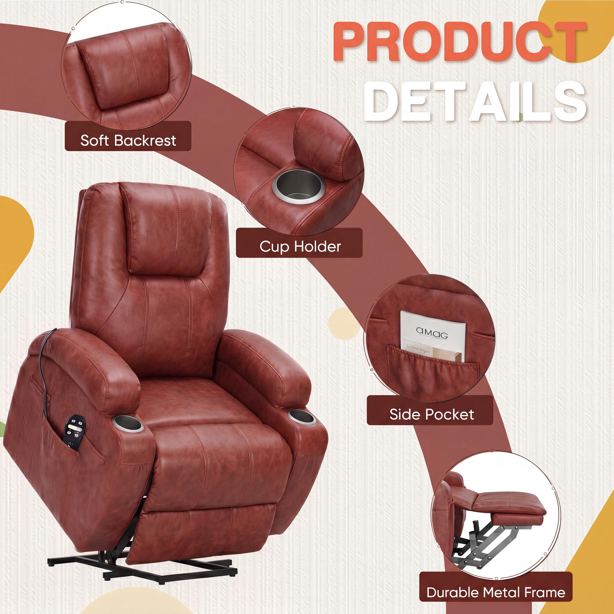 Furmax Electric Power Lift Recliner Chair with Massage for Elderly Corduroy Fabric Recliner Single Sofa with Cup Holders, Side Pockets and Remote Control for Living Room Bedroom (Leathaire, Brown)