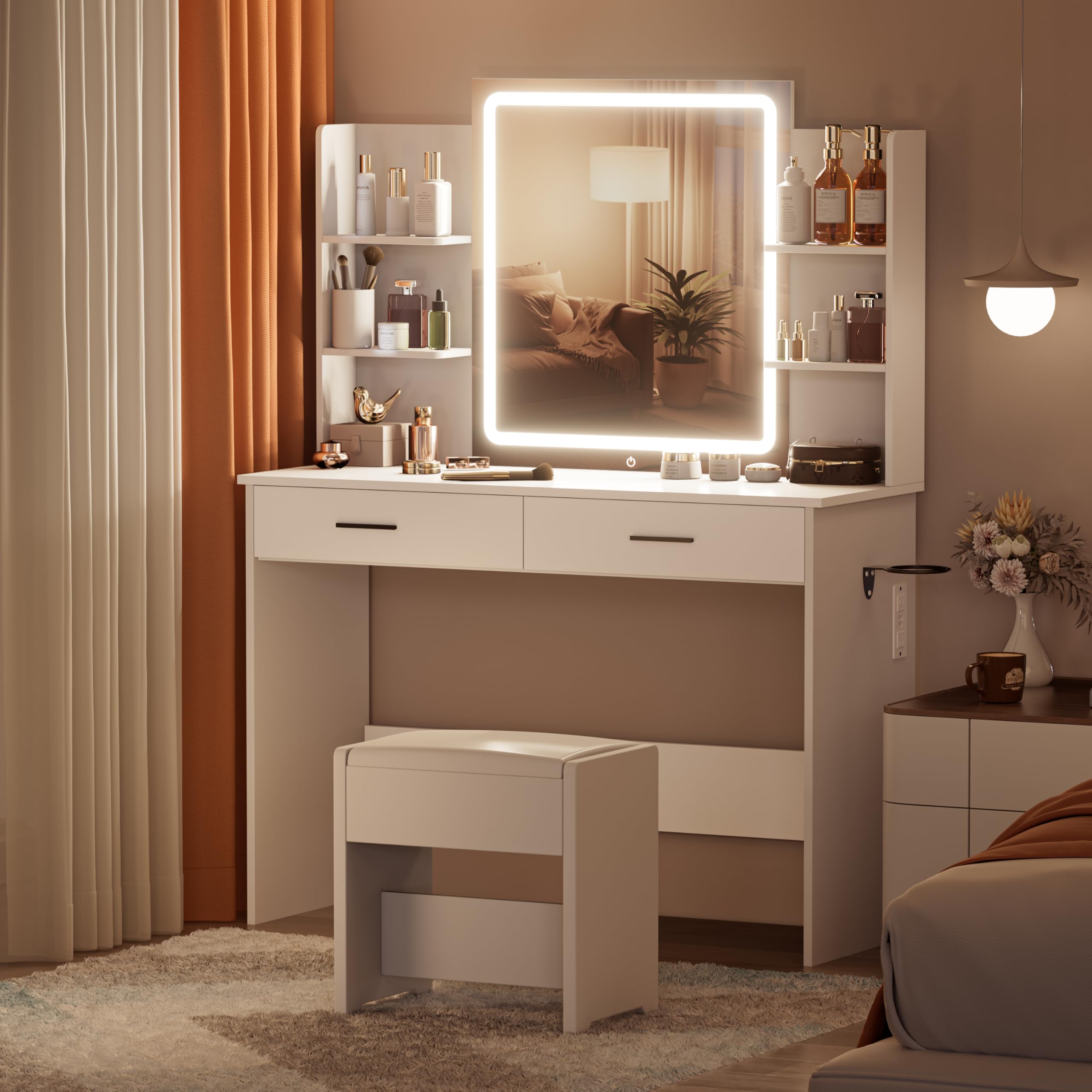 YIKEHOME Makeup Vanity Desk with Mirror and 10 Lights, 3-Colour Hollywood Brighter Bulbs, Vanity Table Set with Large Drawers and and Charging Station for Bedroom Dressing Room White