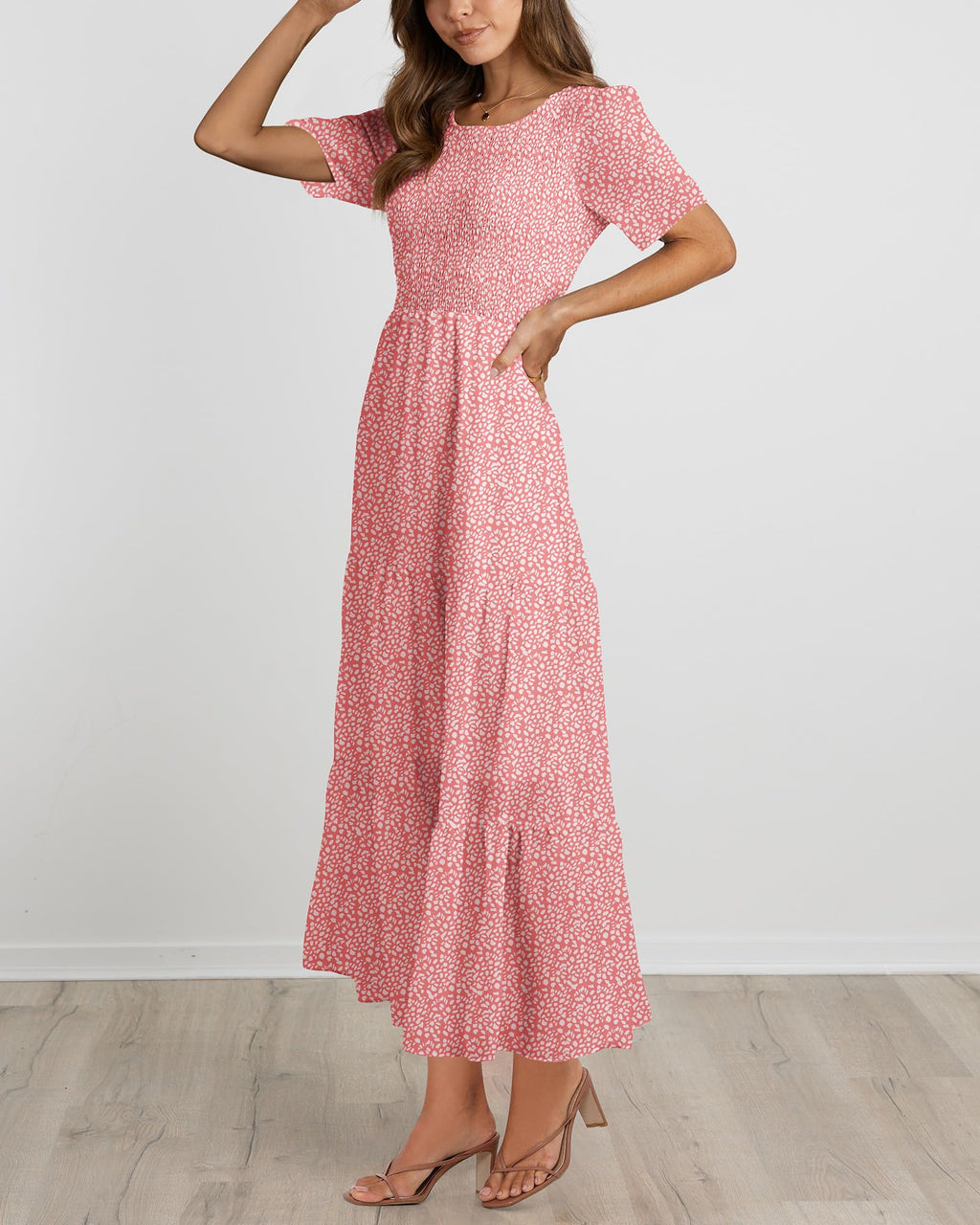 BTFBM Women Casual Short Sleeve Crew Neck Summer Dress Bohemian Floral Printed Flowy Maxi Dresses Tiered Cocktail Dress