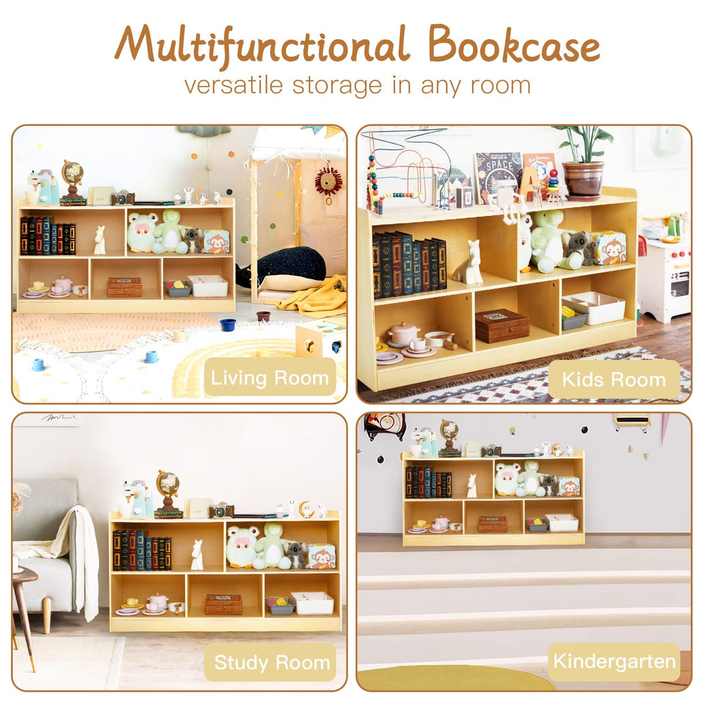 Montessori Shelf, Wooden Toy Storage Organizer for Books Toys, 2 Shelf Bookcase, 5-Section Storage Cabinet, Toddler Book Shelf for Kids Rooms, Playroom, Nursery, Kindergarten (Natural)