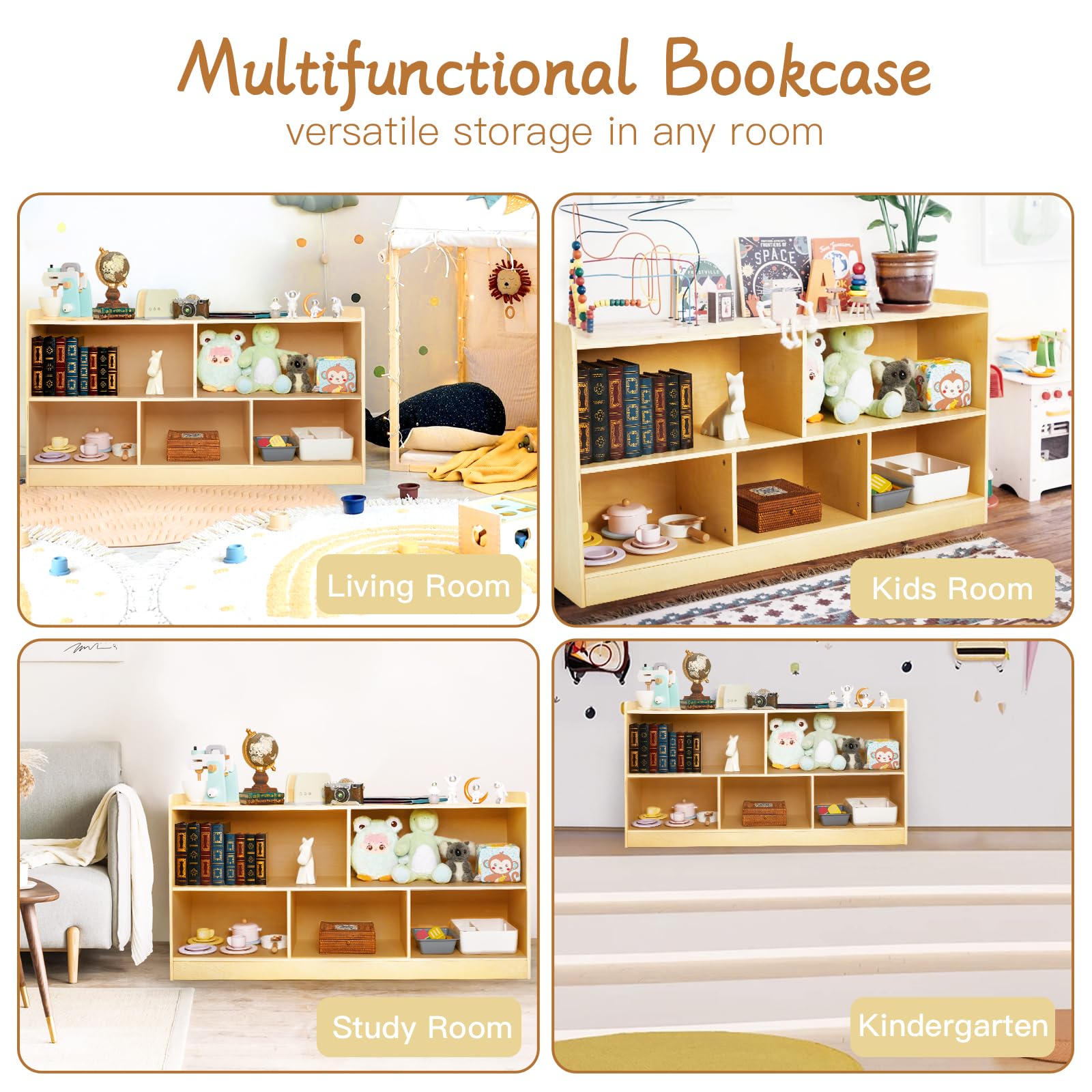 Montessori Shelf, Wooden Toy Storage Organizer for Books Toys, 2 Shelf Bookcase, 5-Section Storage Cabinet, Toddler Book Shelf for Kids Rooms, Playroom, Nursery, Kindergarten (Natural)