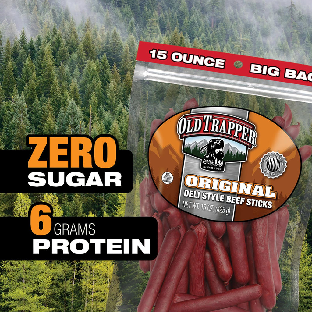 Old Trapper Deli-Style Beef Sticks, Jalapeño Flavor, 15-Ounce Package, Spicy Beef Sticks, Six Grams of Protein and Zero Grams of Sugar per Serving (Pack of One)