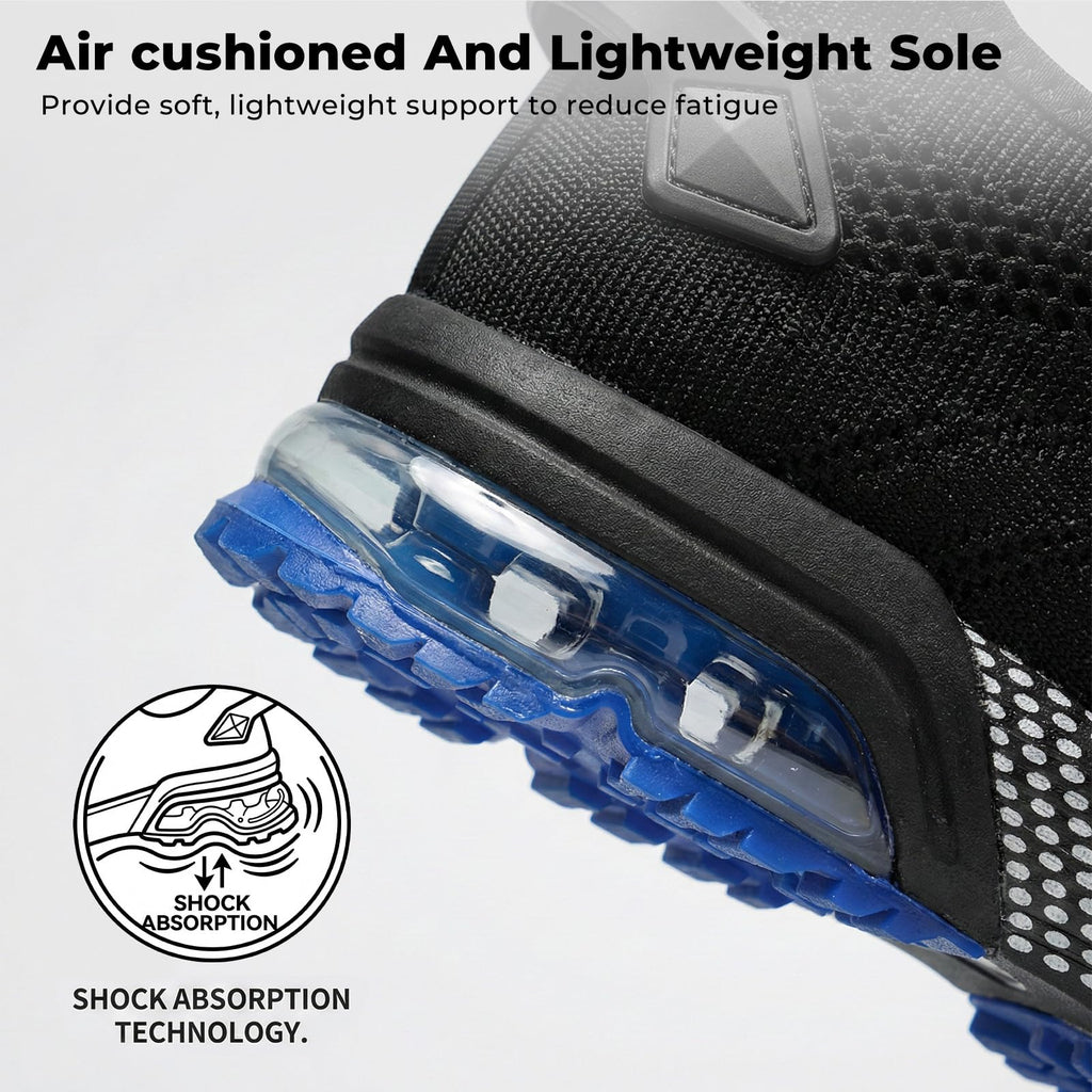 SPIEZ Composite Toe Shoes for Men Women, Lightweight Breathable Non Steel Toe Safety Shoes, Puncture Proof Slip Resistant Work Sneakers for Construction,Warehouse,Black Blue/Black Yellow
