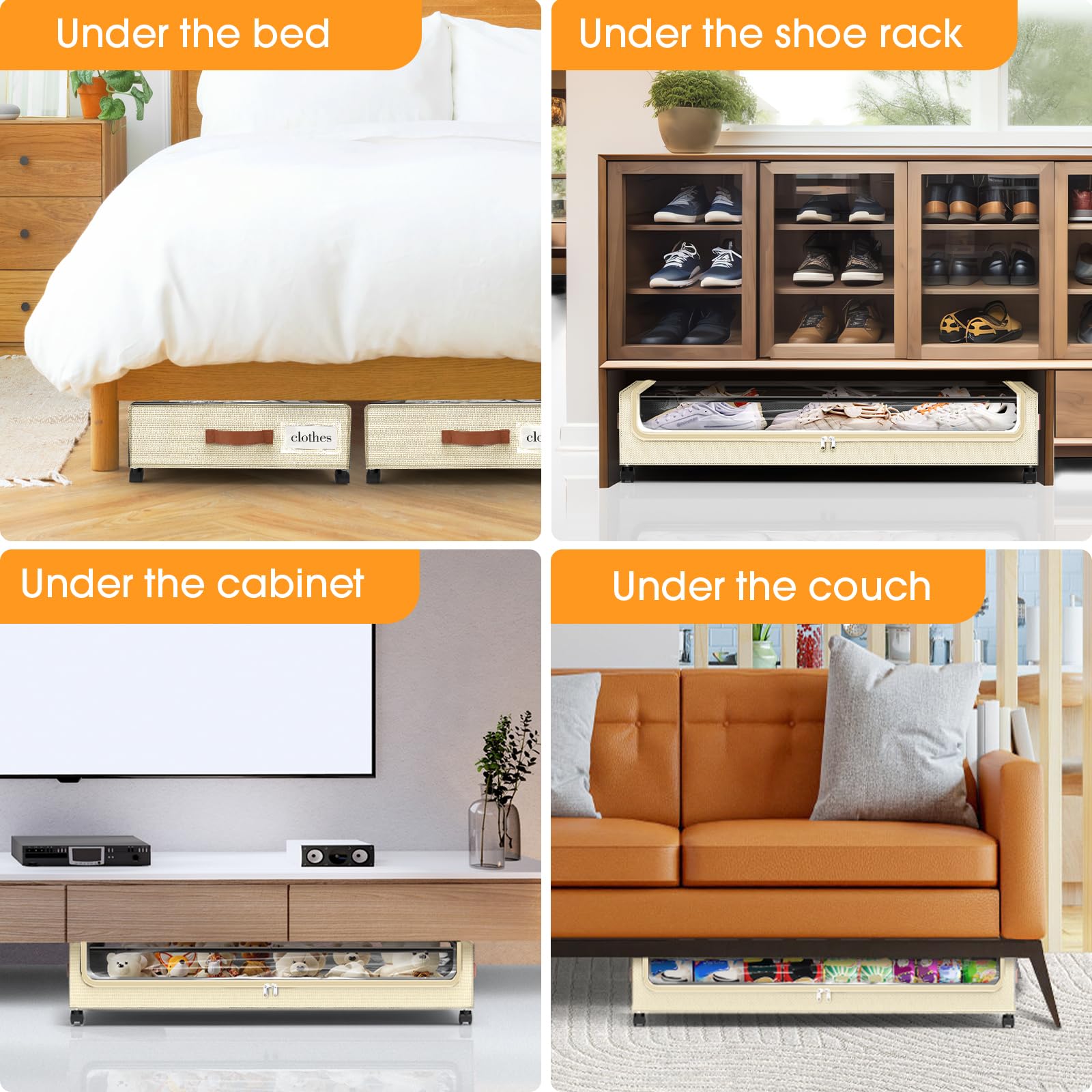 SpaceHacks Under Bed Storage with Wheels 1Pack Underbed Storage with Clear Window&Label Under Bed Drawers Large Capacity Rolling Under Bed Storage for Clothes,Shoes, Blankets (Beige)