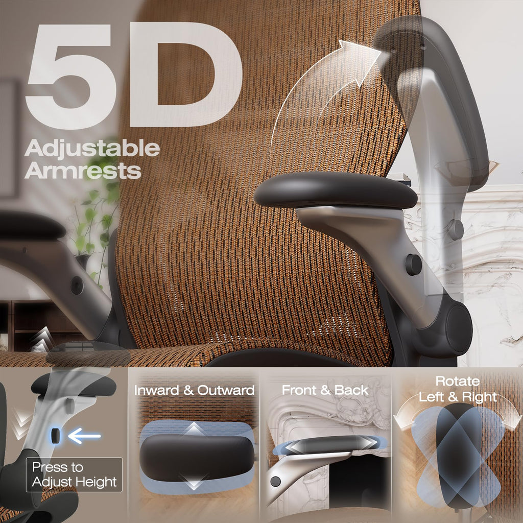 ELABEST X100 Ergonomic Office Chair with Footrest, Big and Tall Home Desk Chair with 5D Flip-Up Arms, Adjustable 3D Lumbar Support,High Back Rolling Computer Chair, Swivel Mesh Chairs (Coffee Break)