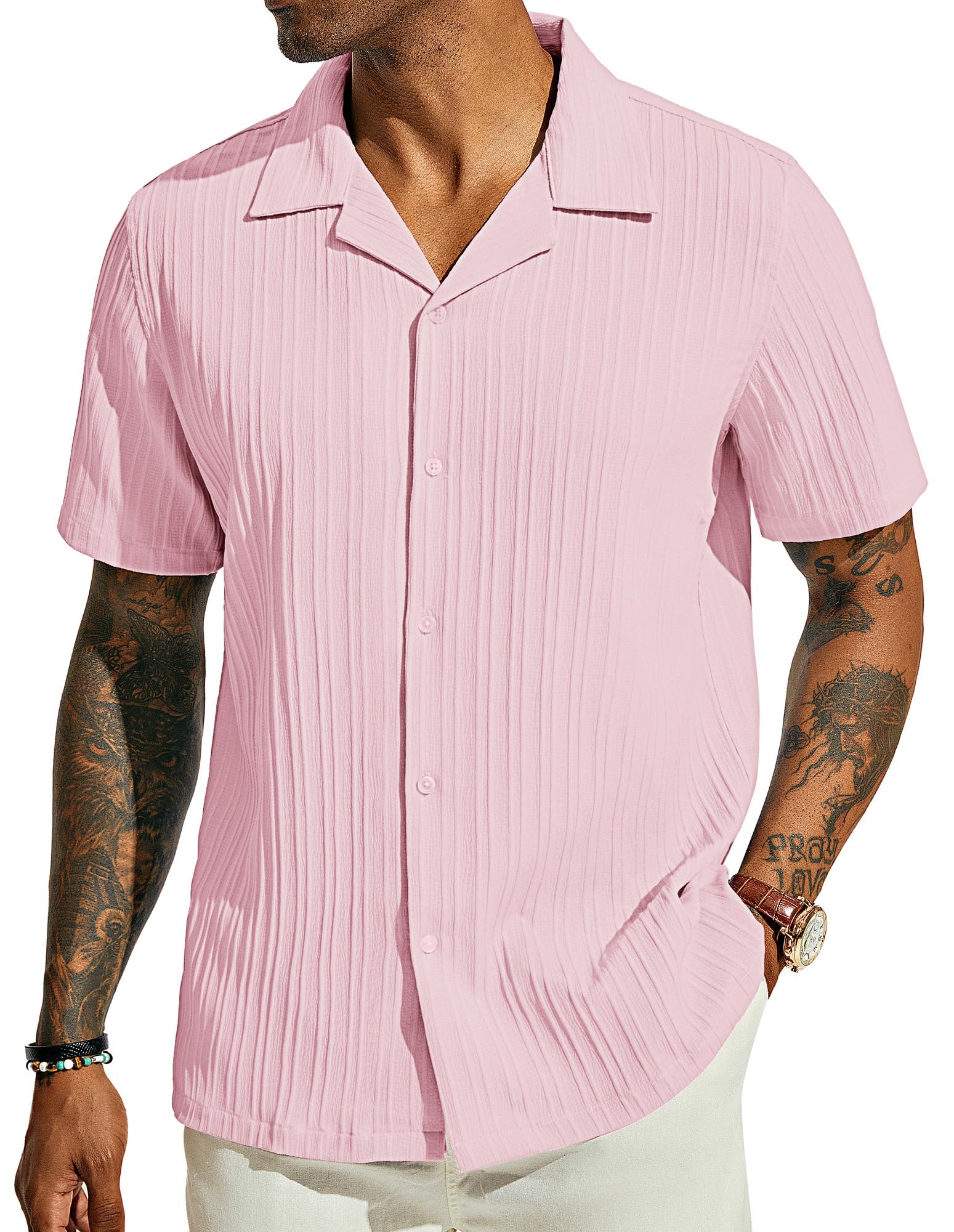 PJ PAUL JONES Men's Casual Button Down Shirts - Short Sleeve Summer Textured Beach Wrinkle-Free Shirts
