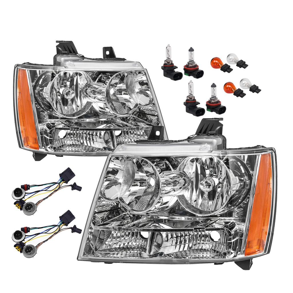 APSVE Headlights Assembly Fit for 2007-2014 Chevy Tahoe,For 07-13 Chevy Suburban Avalanche Replacement Headlamp Pair OE style, Chrome Housing Amber Side