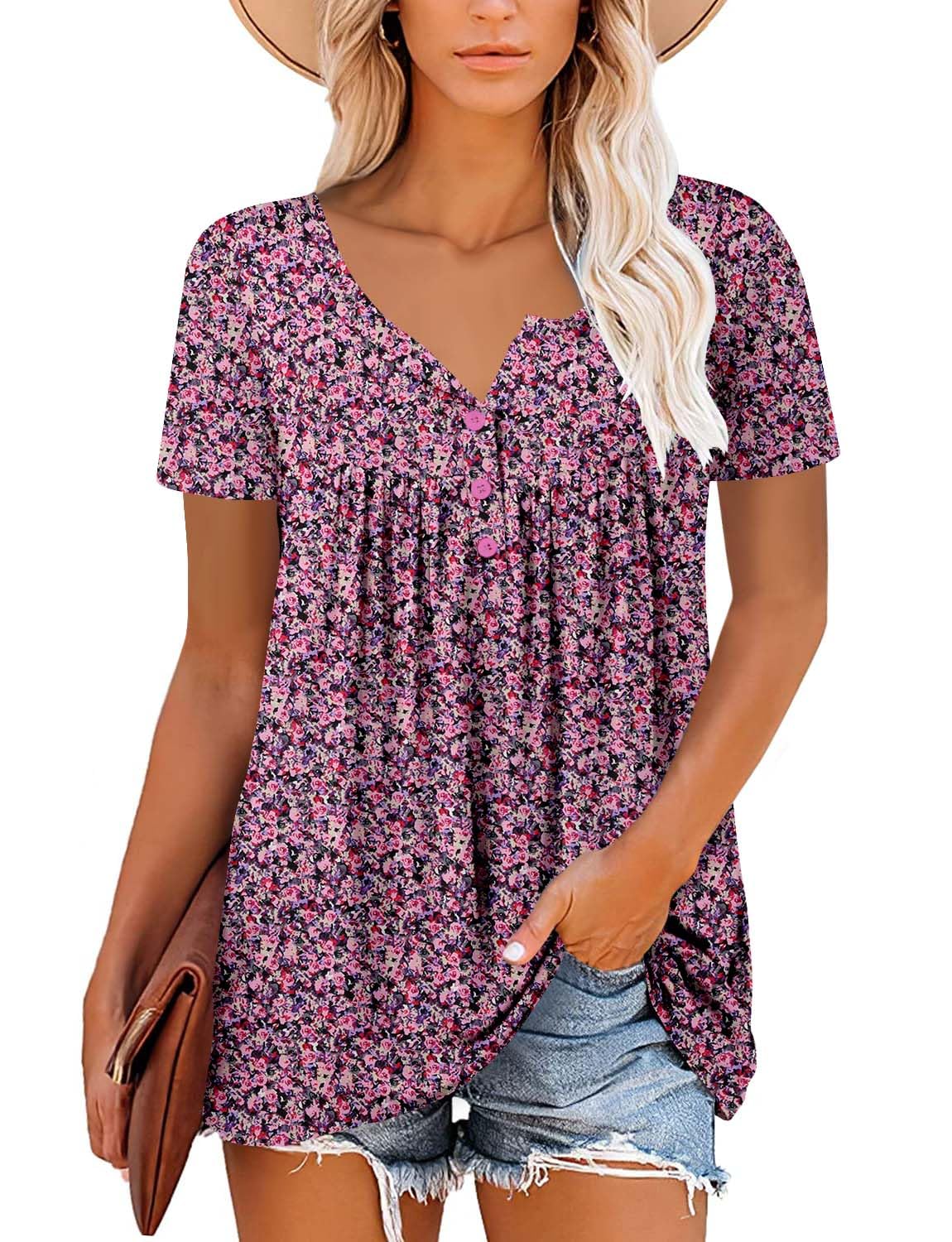 Mystry Zone Womens Henley V Neck Casual Blouse Button Down T Shirts Flare and Flowy Tops