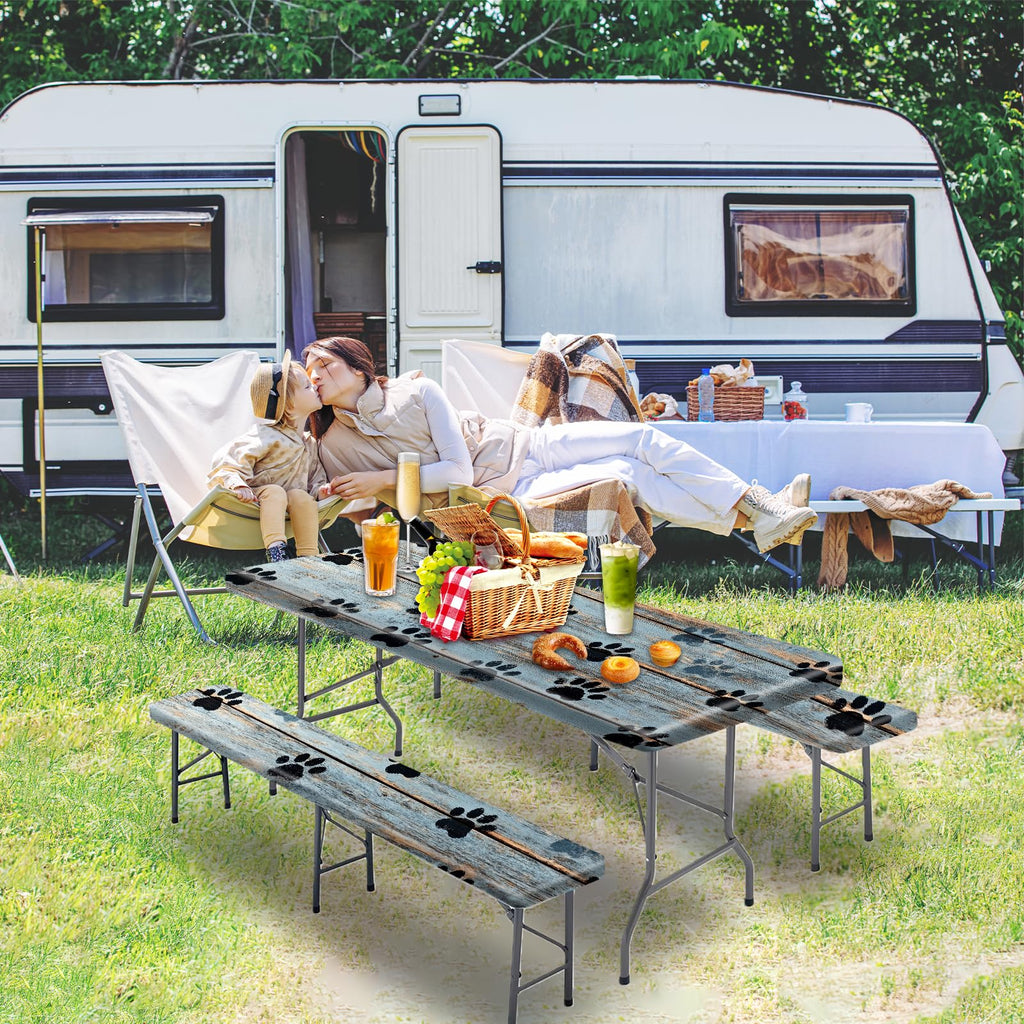 Park Picnic Table Cover with Bench Covers Lightweight Camping Essentials, Oil-Proof Waterproof 3PCS Tablecloth with Elastic, Fitted for Table 6FT Rectangle and Seats, American Flag Eagle (72x30in)