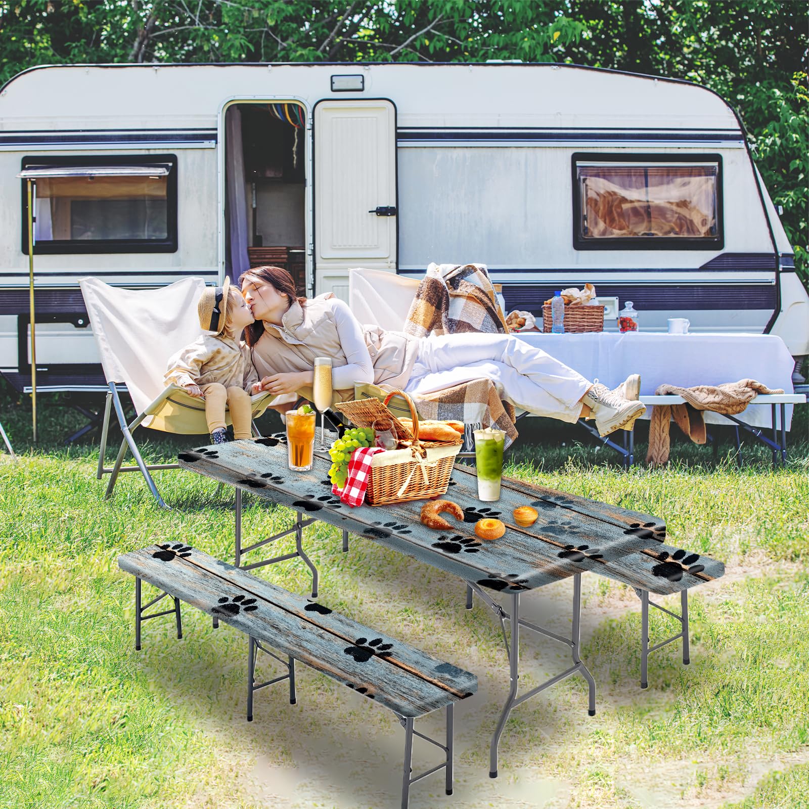 Park Picnic Table Cover with Bench Covers Lightweight Camping Essentials, Oil-Proof Waterproof 3PCS Tablecloth with Elastic, Fitted for Table 6FT Rectangle and Seats, American Flag Eagle (72x30in)