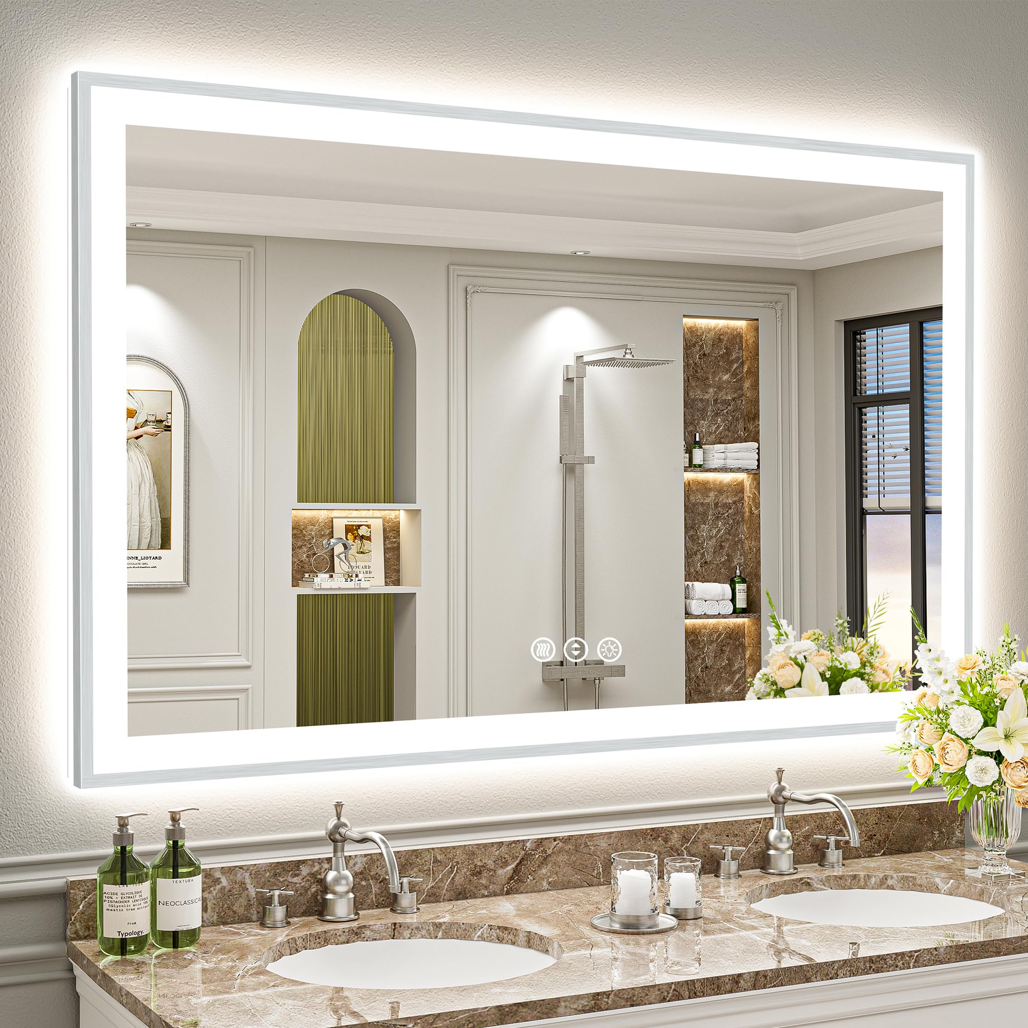 24x32 Black Framed LED Bathroom Mirror with Lights, Backlit and Front Lit Anti-Fog Lighted Vanity Mirrors for Bathroom Wall, Dimmable, 3 Colors, Memory, HD Tempered Glass, Horizontal/Vertical