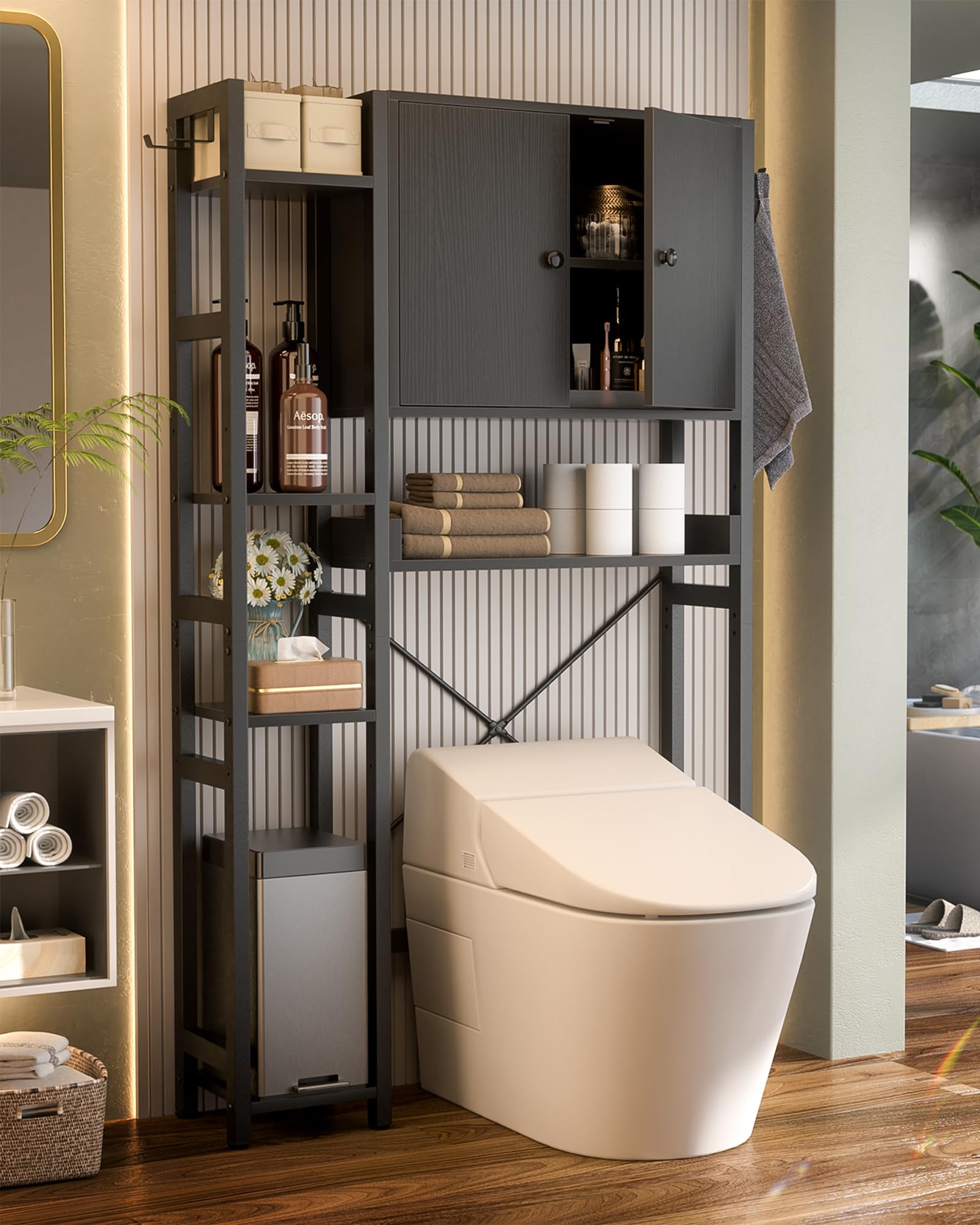 Over The Toilet Storage Cabinet with Doors - 7 Tier Bathroom Organizer with Adjustable Shelf, Freestanding Space Saver Rack Above Toilet Stand with 4 Hooks for Bathroom, Restroom, Laundry, Black