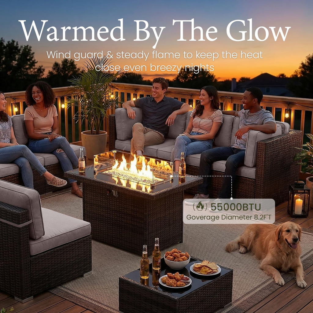 LayinSun 7 Pieces Outdoor Patio Furniture Set with 44" Fire Pit Table Rattan Sectional Sofa Conversation Sets