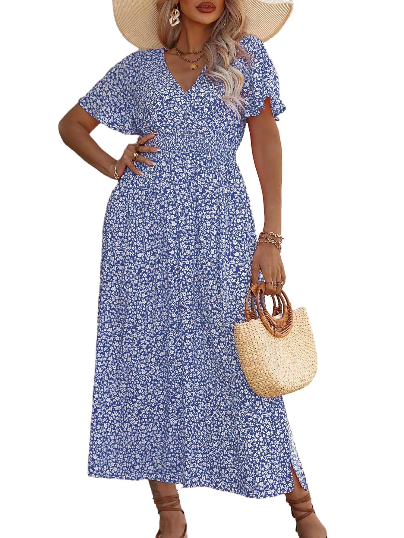 Floerns Women's Plus Size Boho Hawaiian Tropical Dresses V Neck Short Sleeve Floral A Line Long Dress Vacation Beach Outfits