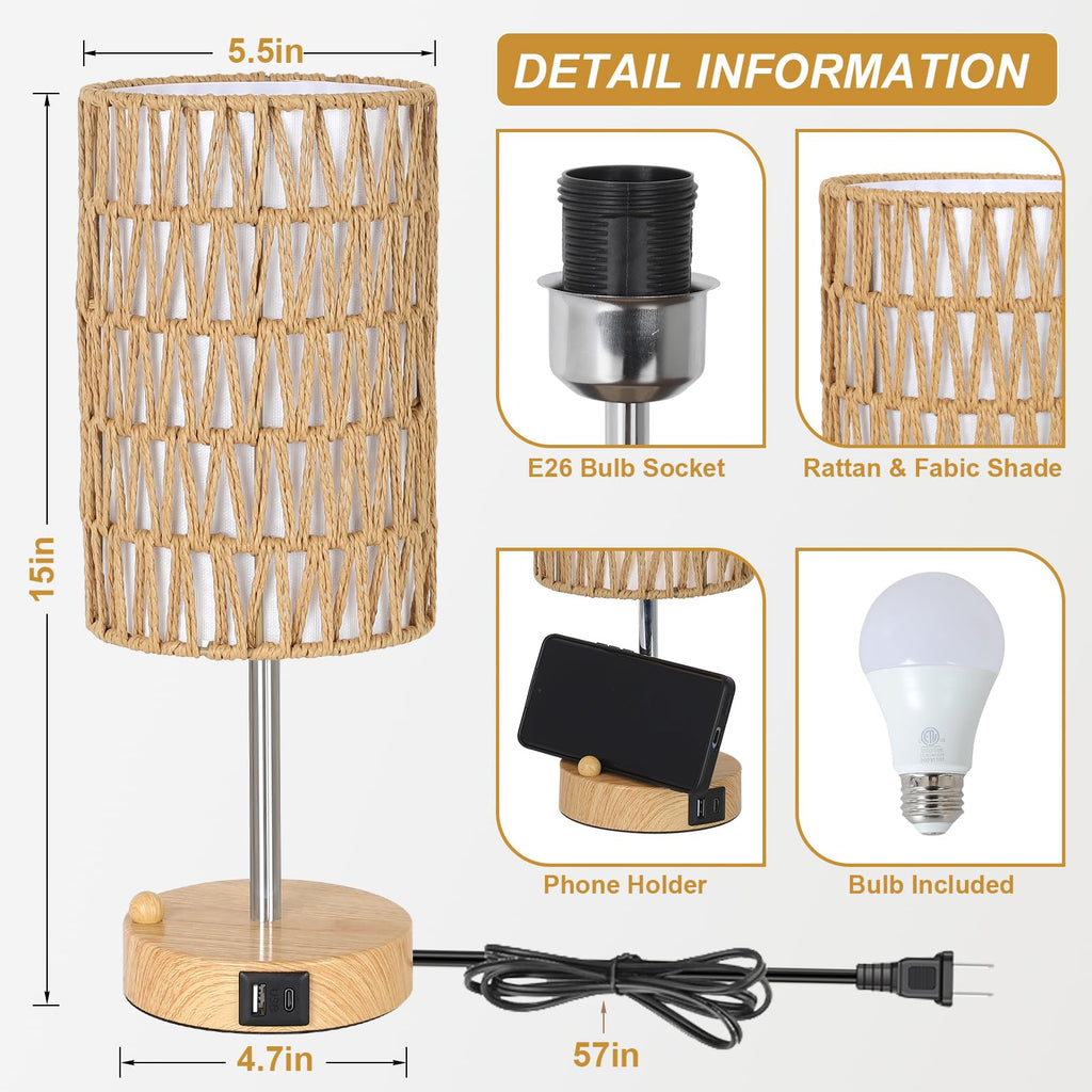 Rattan Bedside Table Lamps Set of 2 - Boho Lamps With 3 Color Temperatures & USB AC Port, Pull Chain Table Lamp For Bedroom, Cute Small Lamp For Nightstand Office Desk Bed Side End Table Living Room