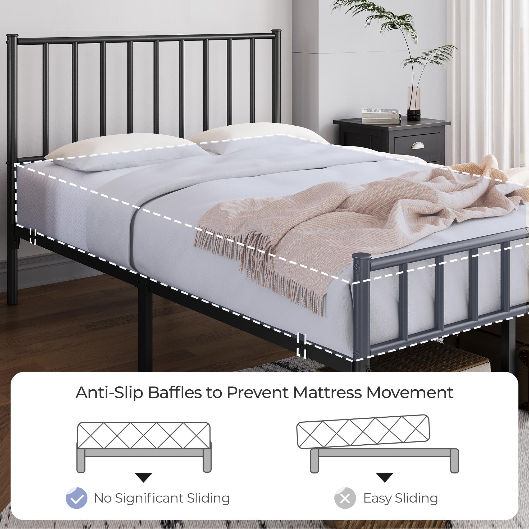 Yaheetech Twin Bed Frame Metal Platform Bed Frame Mattress Foundation with Spindle Headboard & Footboard/No Box Spring Needed/14 Inch Underbed Storage/Firm Support & Easy Set up Structure, Black