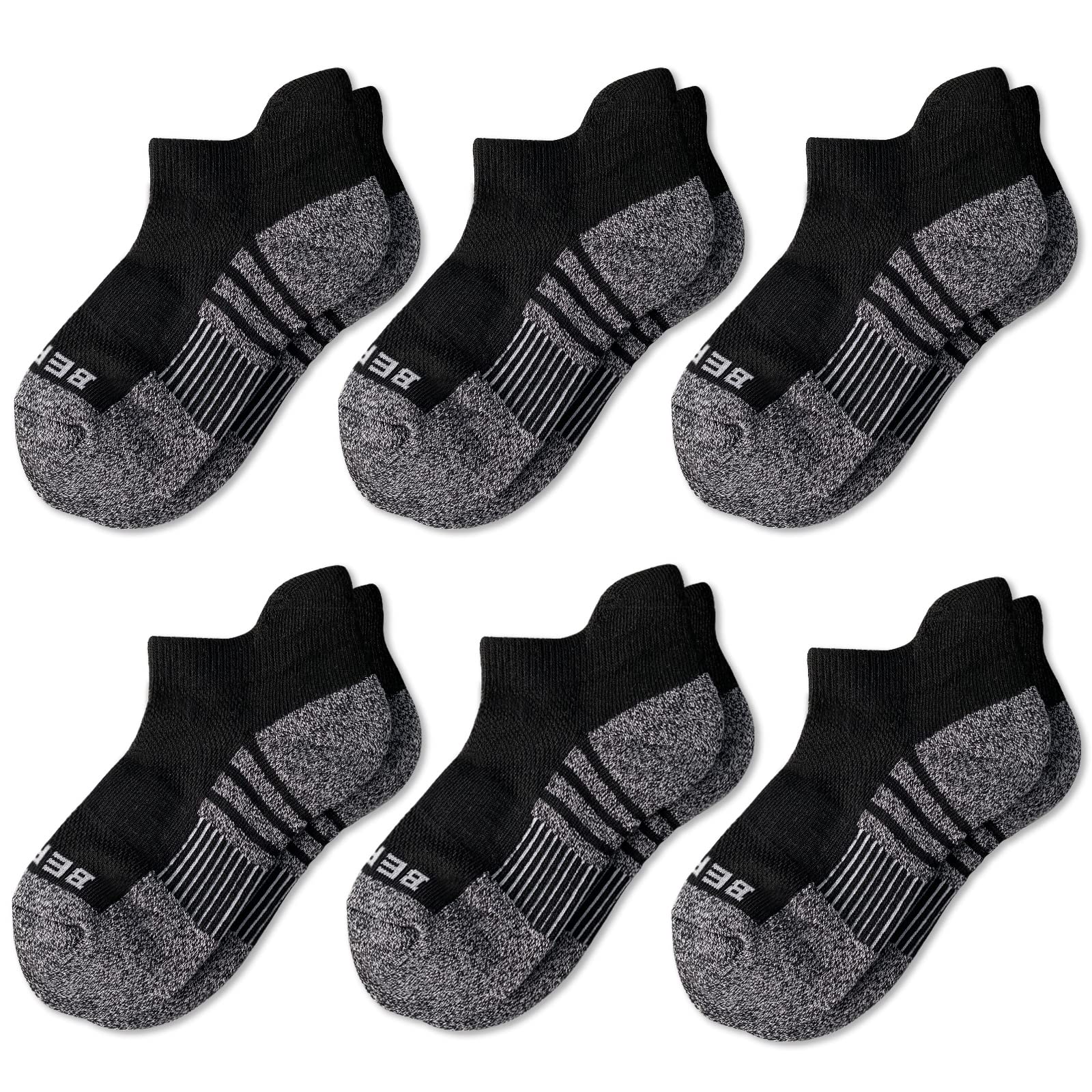BERING Kids' Athletic Cushion Ankle Socks 6 Pairs Low Cut Heel Tab for Youth Big Boys Girls