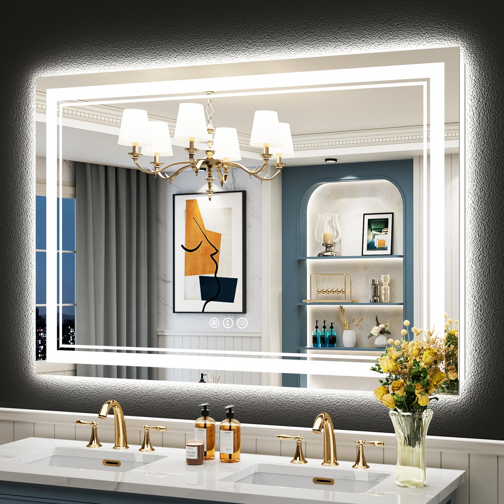 24x32 Black Framed LED Bathroom Mirror with Lights, Backlit and Front Lit Anti-Fog Lighted Vanity Mirrors for Bathroom Wall, Dimmable, 3 Colors, Memory, HD Tempered Glass, Horizontal/Vertical