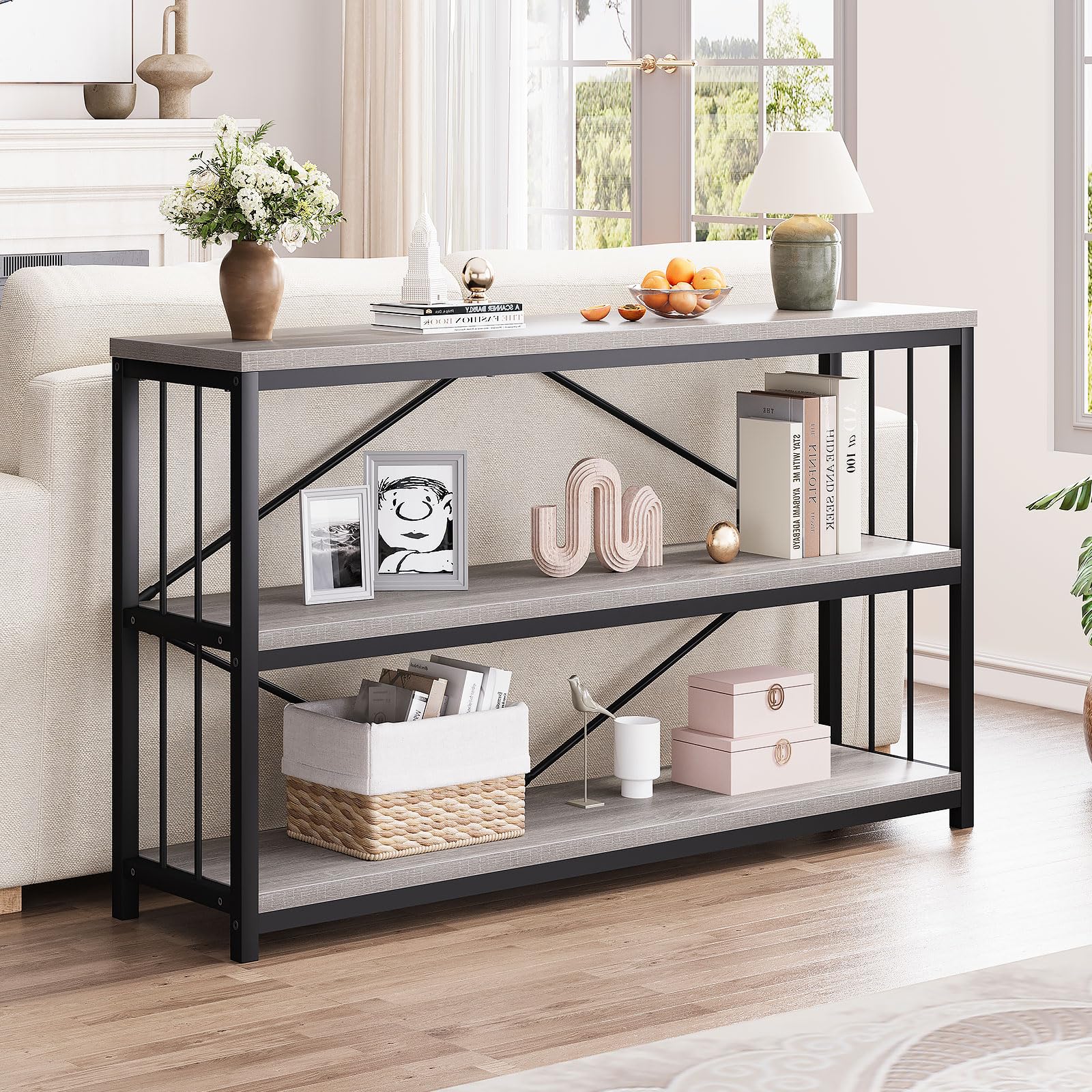 LVB Black Console Table, Modern Entryway Table for Hallway Living Room, Industrial Sofa Table Behind Couch, Farmhouse Wooden Metal Entry Table for Foyer with 3-Tier Storage Shelves, Black Oak, 55 Inch