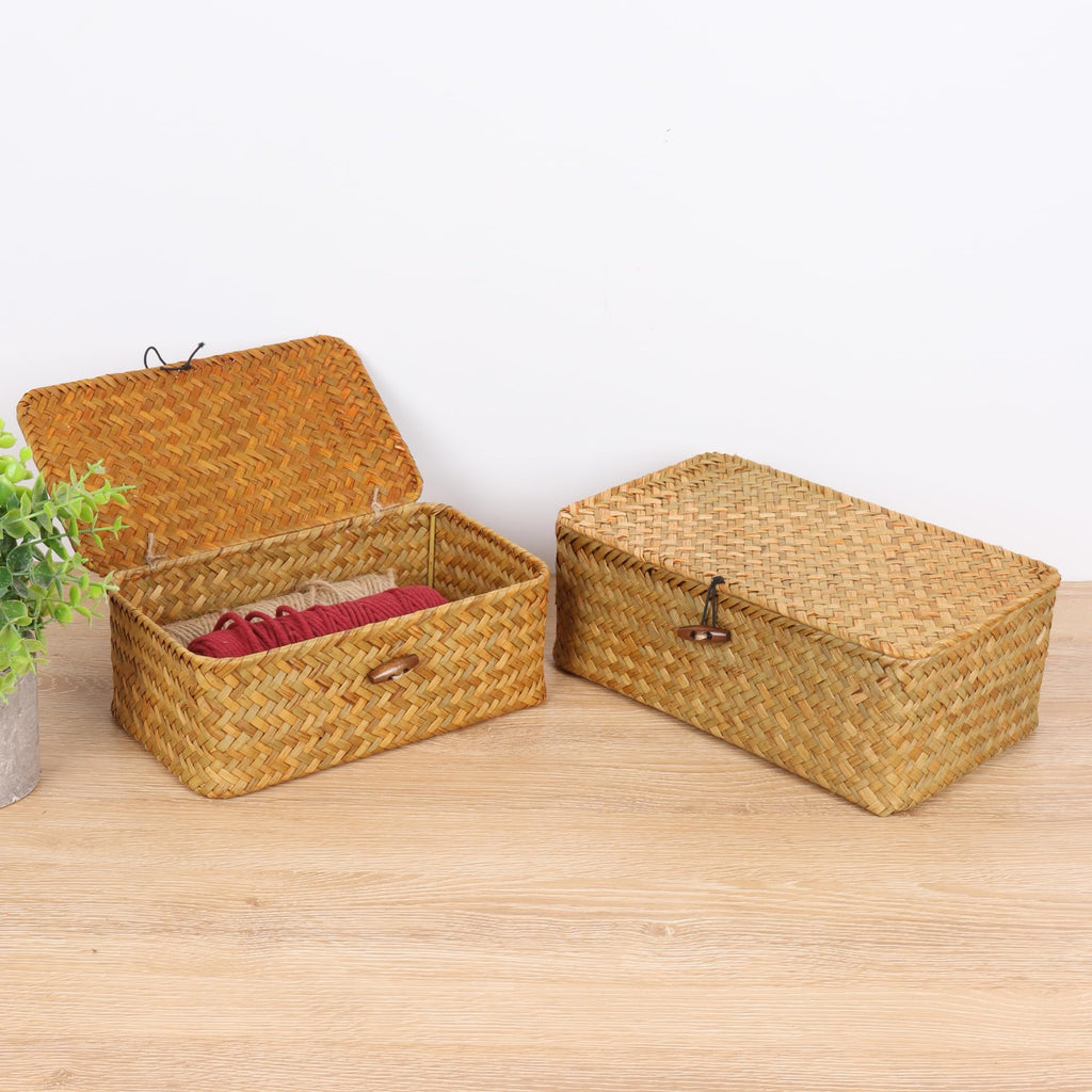FEIALNDUO Wicker Shelf Baskets with Lid,Seagrass Storage Basket Bins Rectangular Handwoven Basket Boxes for Shelves Desktop Home Organizer (Coffee, X-Small)