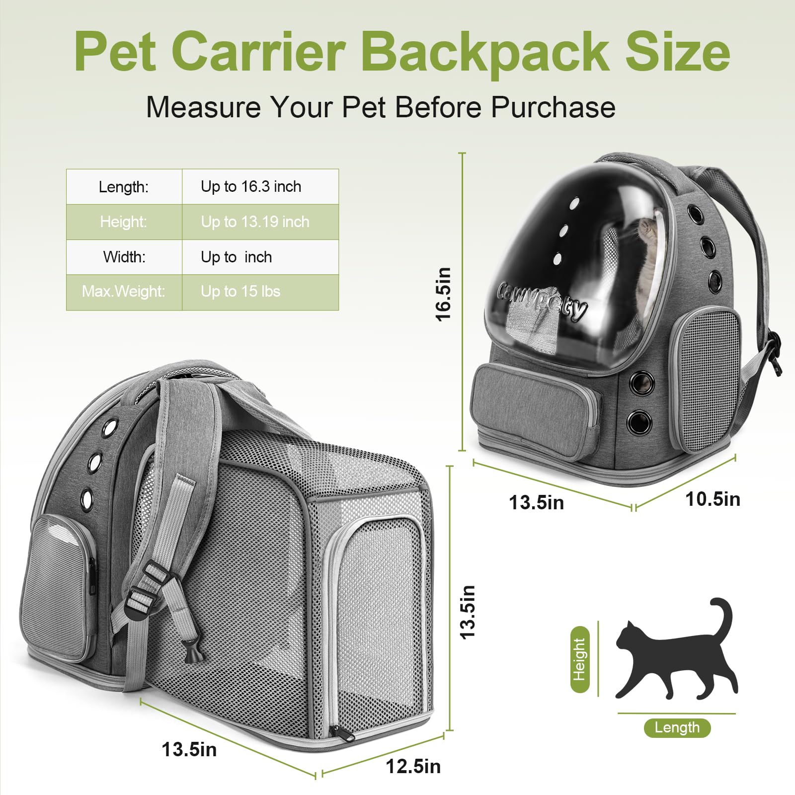 Cawypety Cat Backpack Carrier, Breathable Cat Carrier Large Space Bubble Pet Backpack for Kitty Small Dog up to 12lbs, Transparent & Foldable Pet Carrier for Travel Hiking (Black