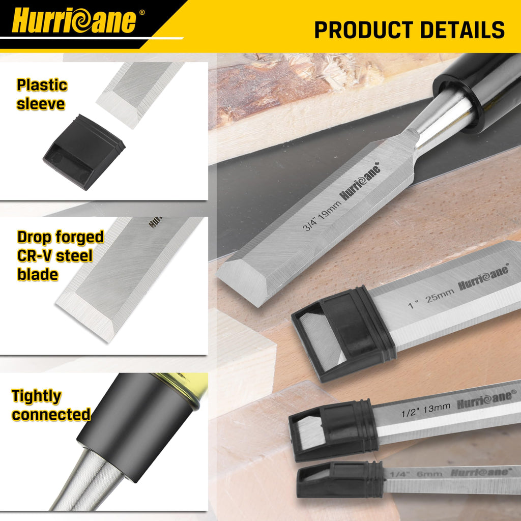 HURRICANE 4 Piece Wood Chisel Set for Woodworking. CR-V Steel Beveled Edge Blades with Safety Caps. Extra Large Grip, Impact-Resistant PVC Handle Chisels (1/4", 1/2", 3/4", 1")