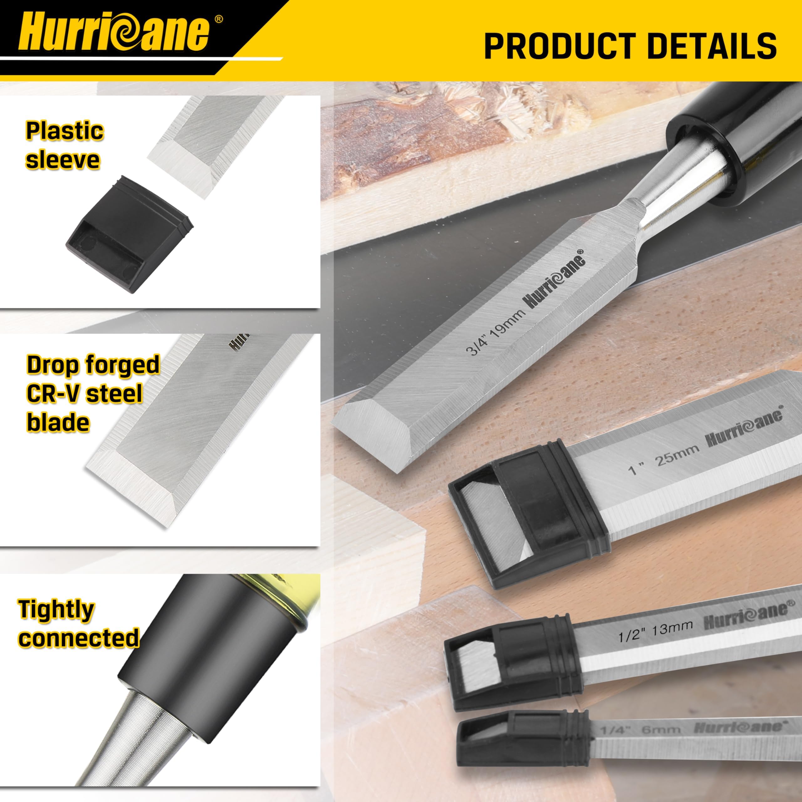 HURRICANE 4 Piece Wood Chisel Set for Woodworking. CR-V Steel Beveled Edge Blades with Safety Caps. Extra Large Grip, Impact-Resistant PVC Handle Chisels (1/4", 1/2", 3/4", 1")