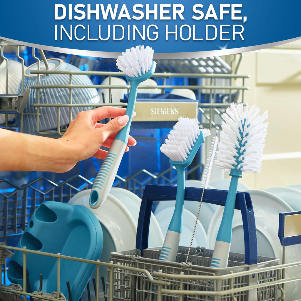Dish Brush Set of 5 with Holder - Kitchen Scrub Brushes with Non-Slip Long Handle for Cleaning, Scrubber, Dishwashing, Dishes, Bottles, Straws, Cups, Pots & Sink, Baige