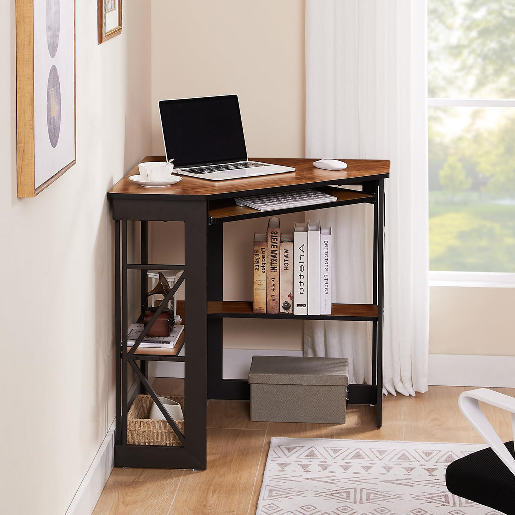 VECELO Corner Desk Computer Desk Writing Table with Smooth Keyboard Tray & Storage Shelves,Compact Home Office Triangle Table,Antique Brown